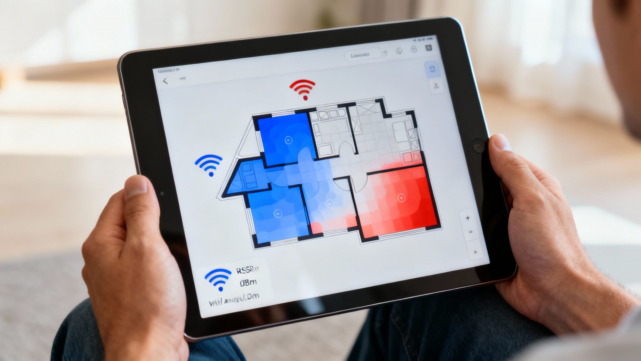 Person holding tablet displaying WiFi signal strength heatmap with coverage zones across home floor plan