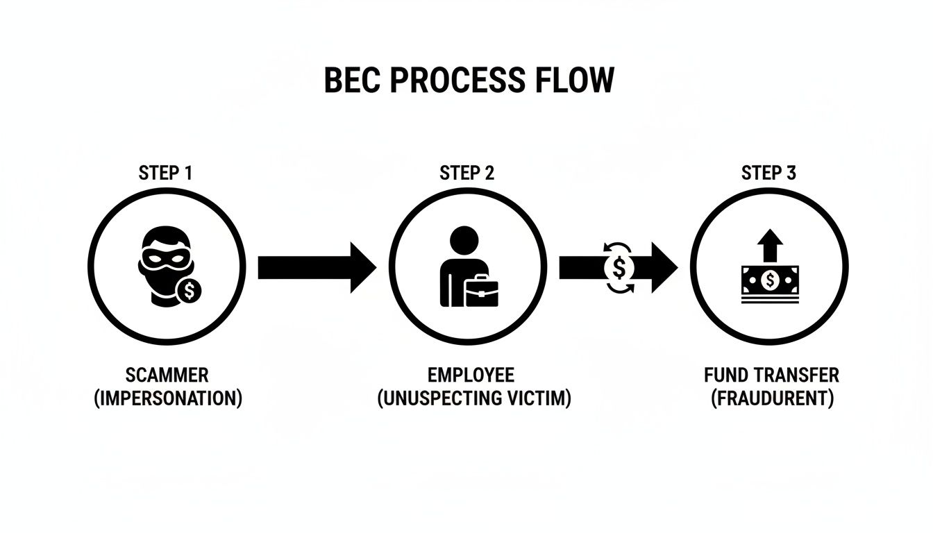 Diagram showing the three-step process of Business Email Compromise (BEC) with a scammer, employee, and fraudulent fund transfer.