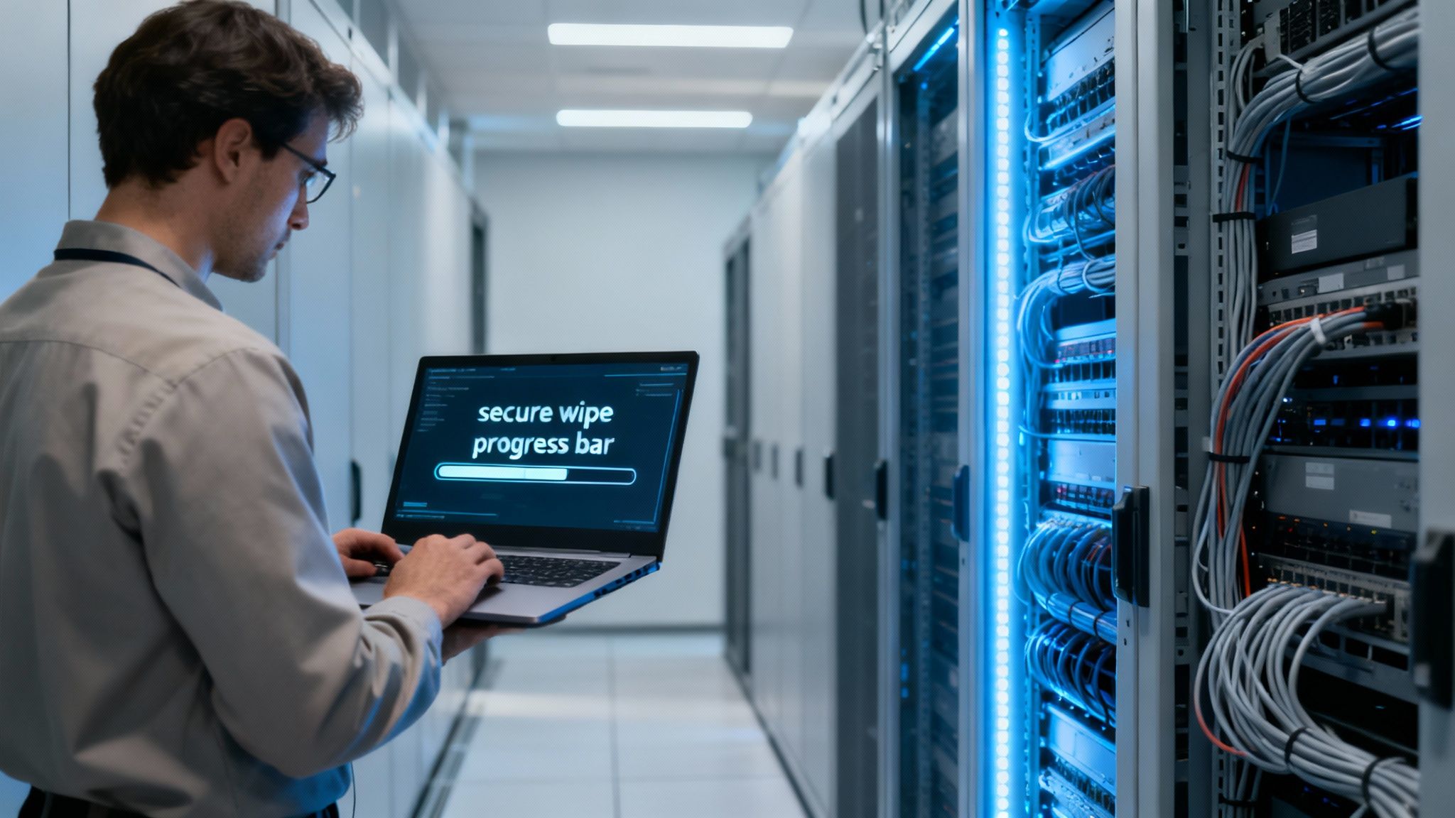 A server room with data flowing, symbolizing the restoration of business operations after a ransomware attack.