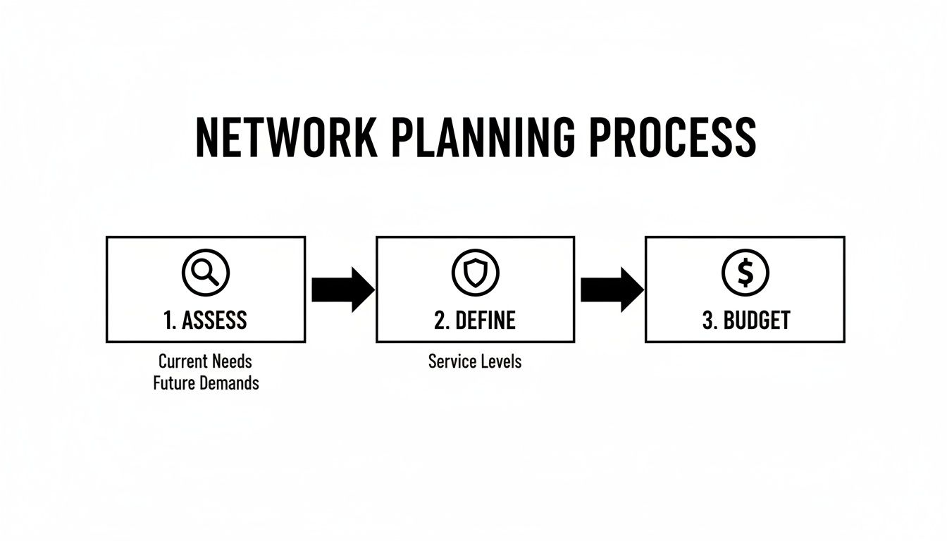 A three-step network planning process: Assess current needs, Define service levels, and Budget.