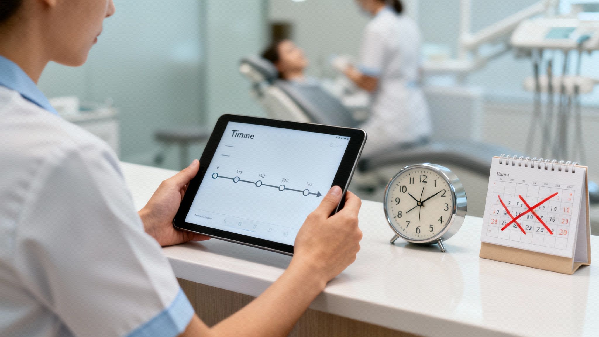 A medical professional holds a tablet displaying a timeline, next to an alarm clock and a calendar with crossed-out dates.