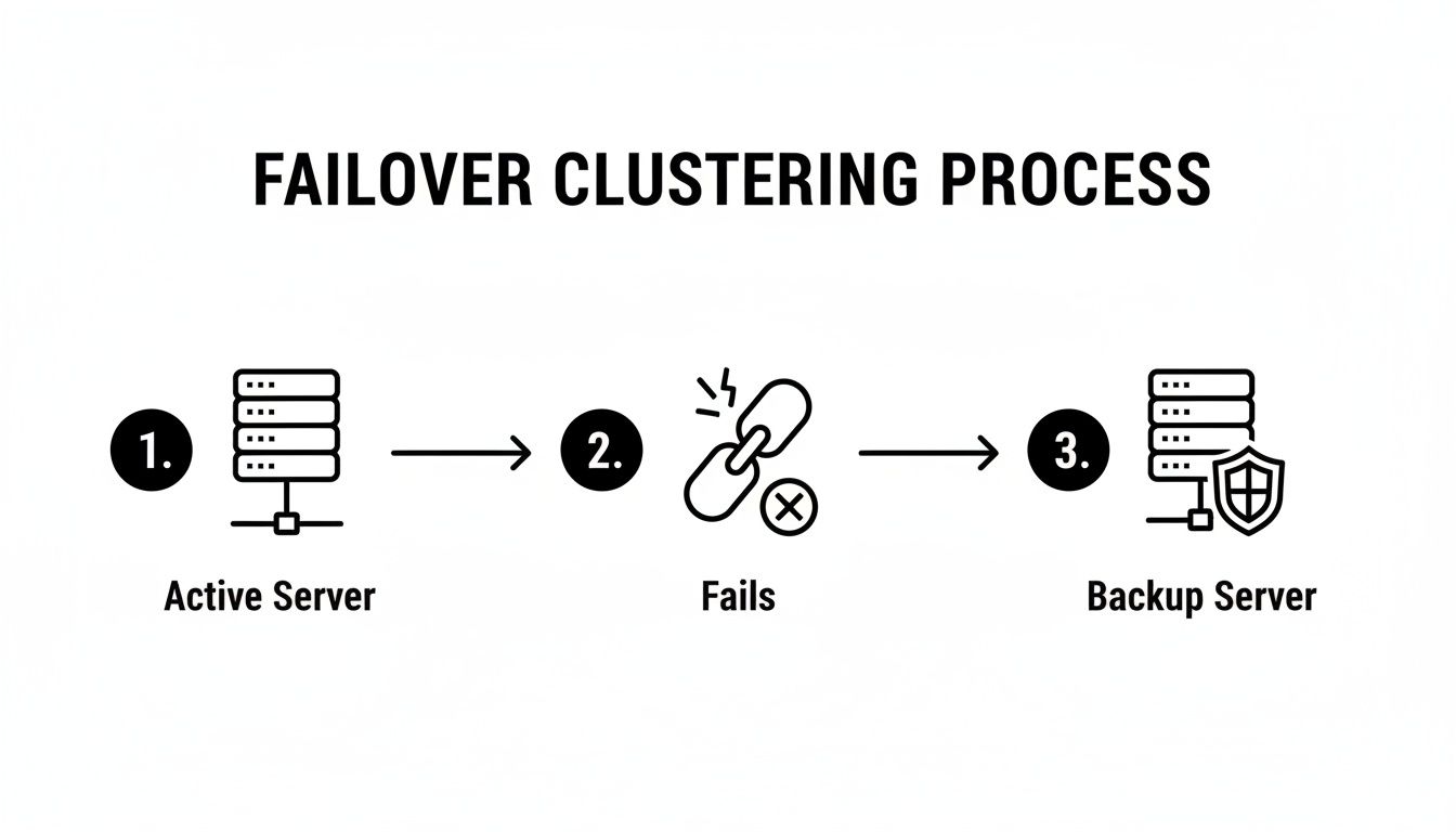 A diagram illustrating the failover clustering process: an active server fails, then a backup server takes over.