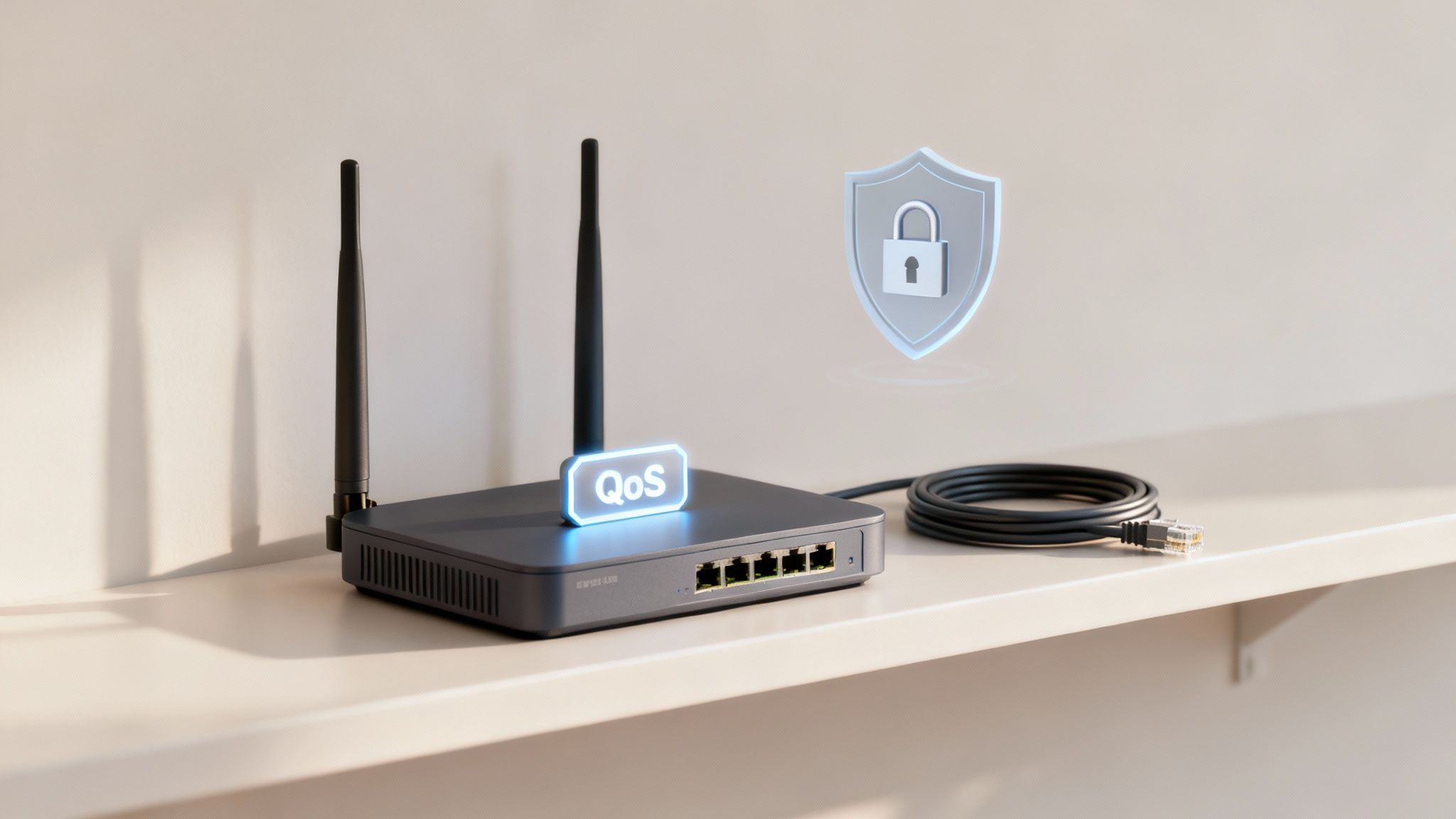 Modern wireless router with QoS feature and security shield icon for VoIP phone systems