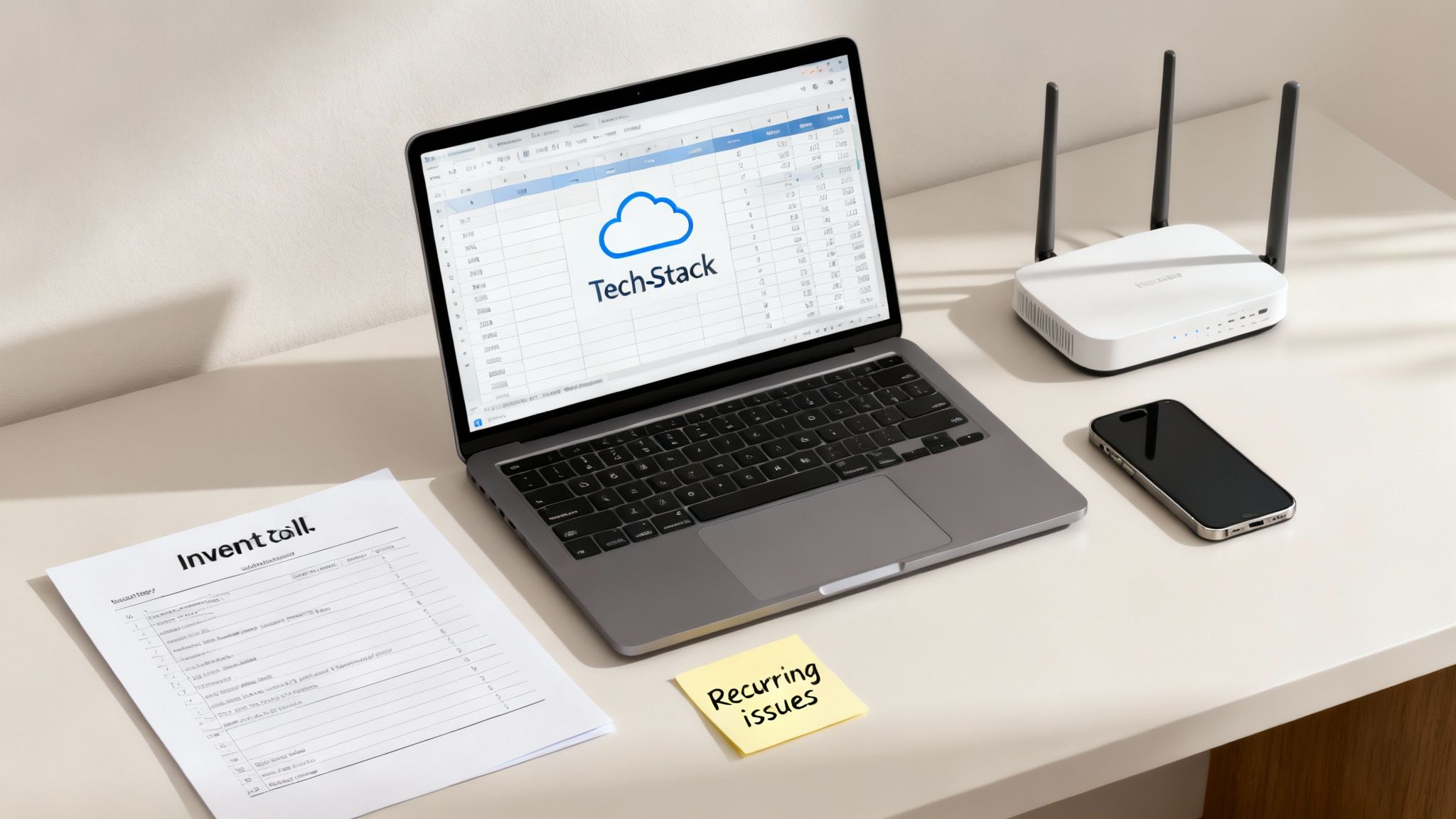 A person at a desk auditing their tech environment with sticky notes and a laptop.