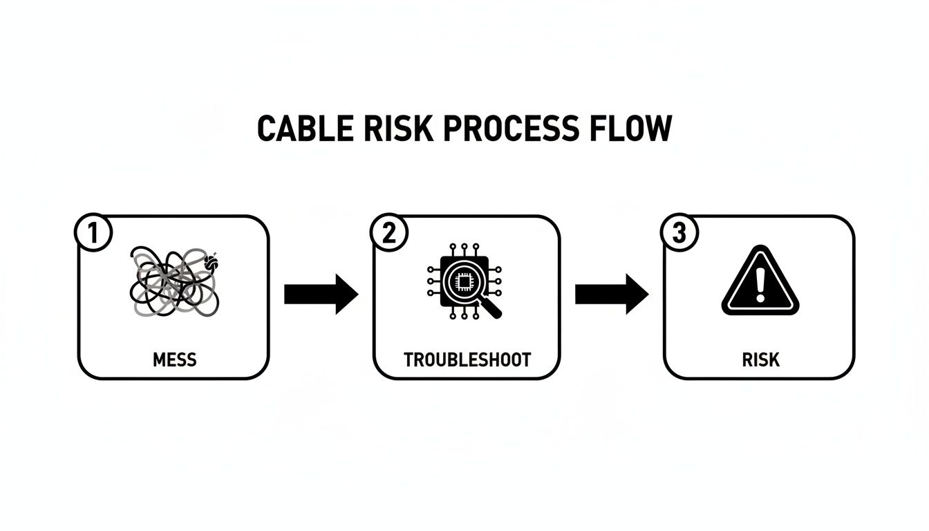 Diagram showing the cable risk process flow: Mess, Troubleshoot, and Risk steps with icons.