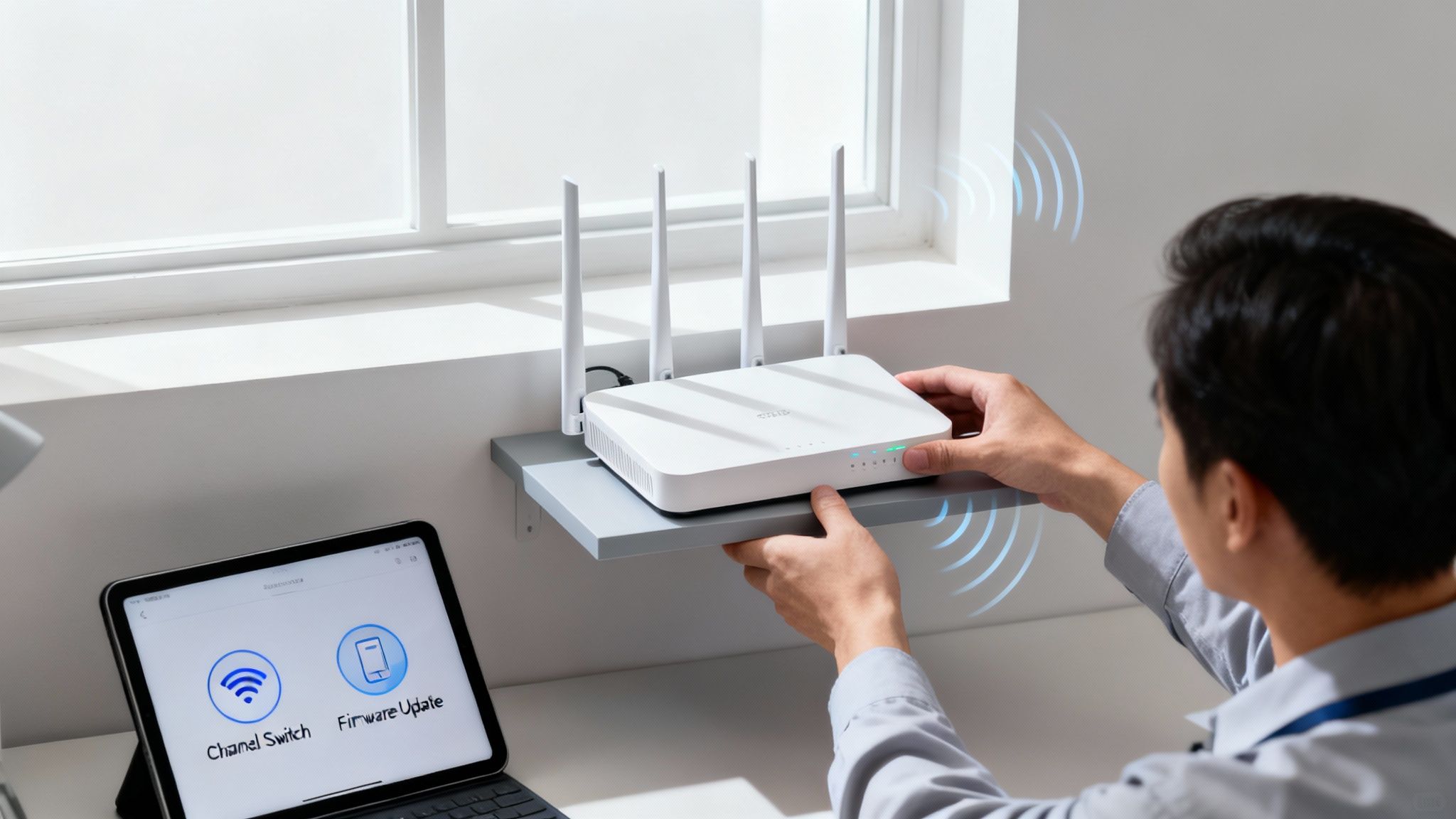 Person setting up a white Wi-Fi router on a shelf, with a tablet showing network settings.