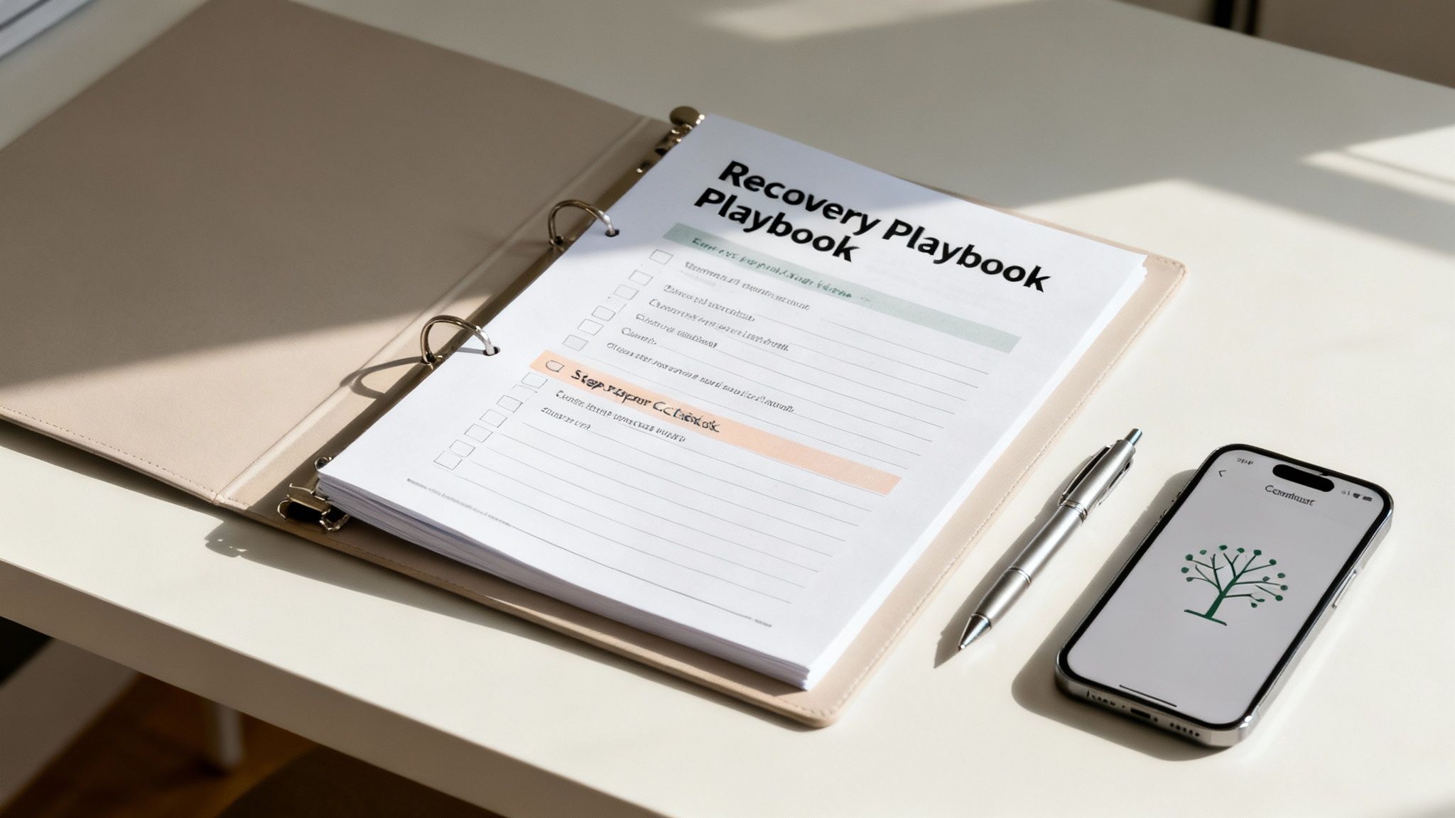 A team collaborating around a table, documenting their disaster recovery plan on laptops and notepads.