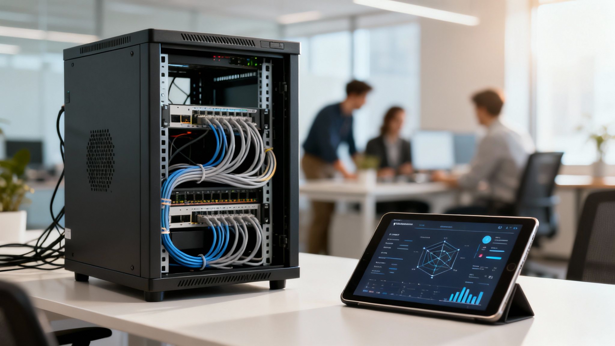 An open network server rack with multiple switches and cables next to a tablet showing data.