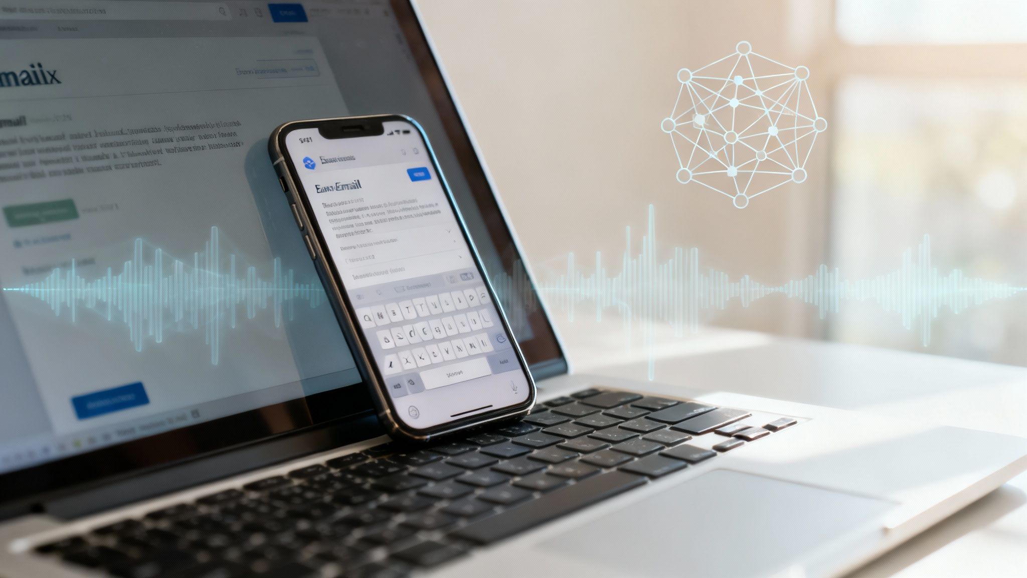 Smartphone on laptop showing email, with digital sound waves and network graphic overlays.