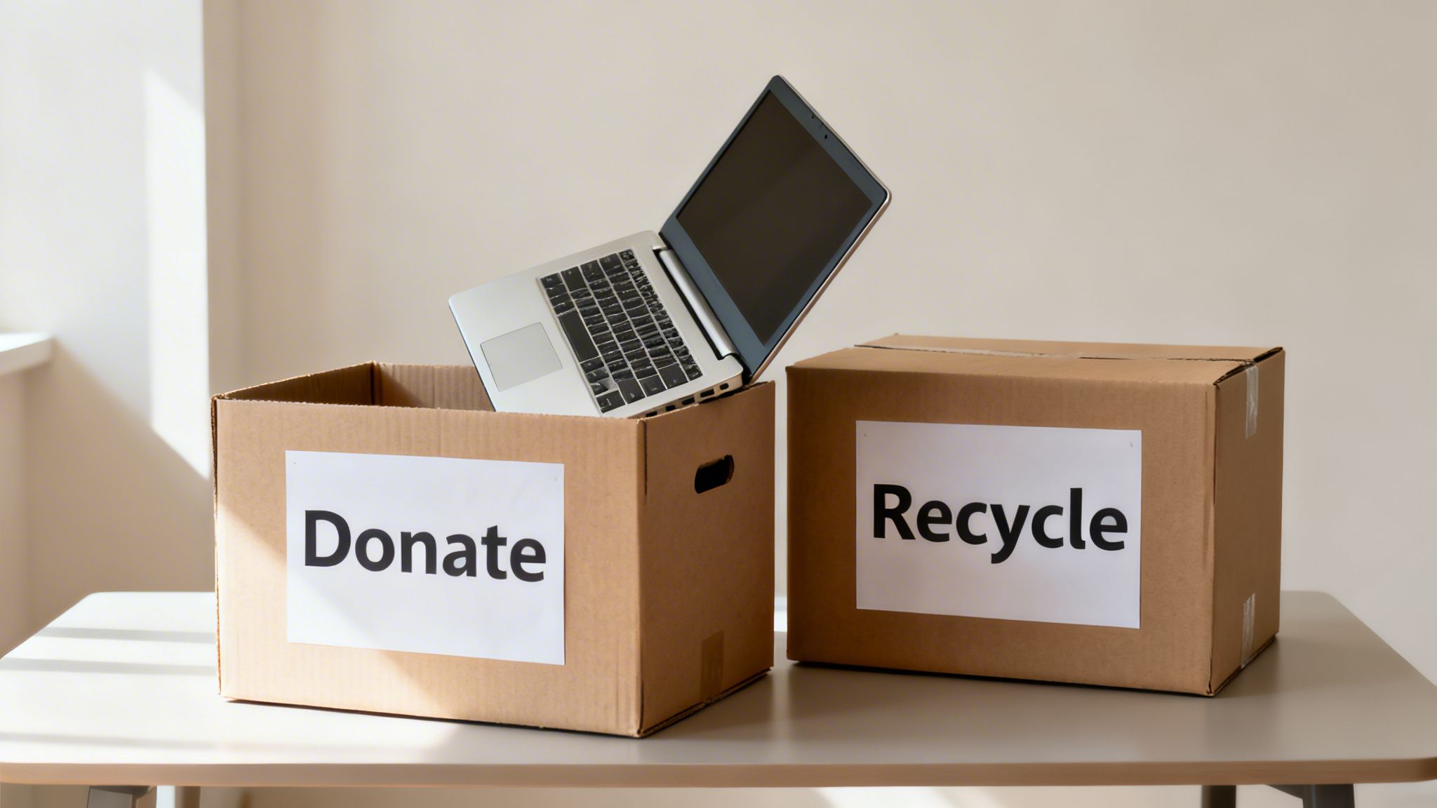 Two cardboard boxes labeled 'Donate' and 'Recycle' on a table, one with an old laptop.