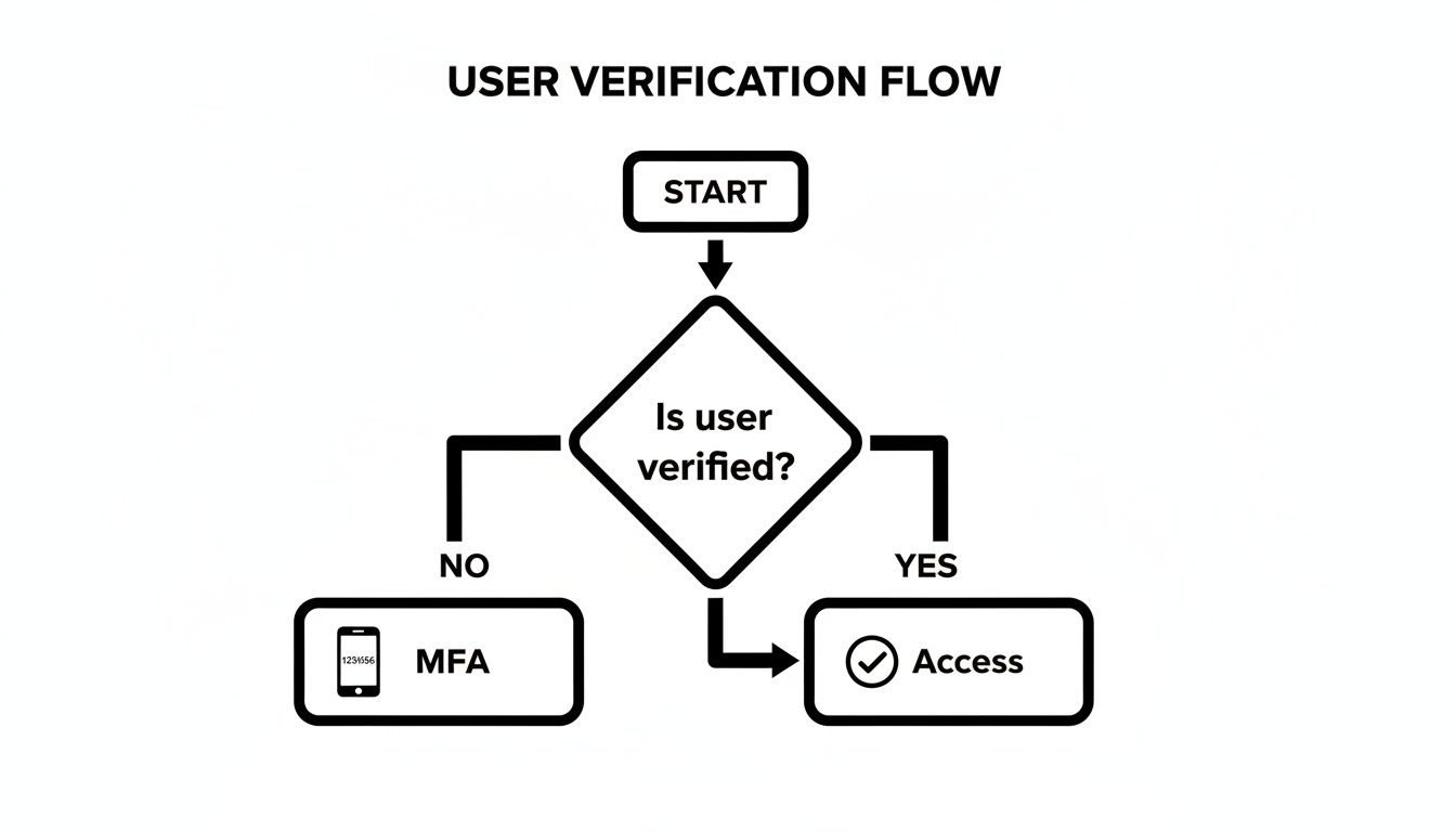 Flowchart showing user verification process: Start, Is user verified? No to MFA, Yes to Access. MFA also leads to Access.