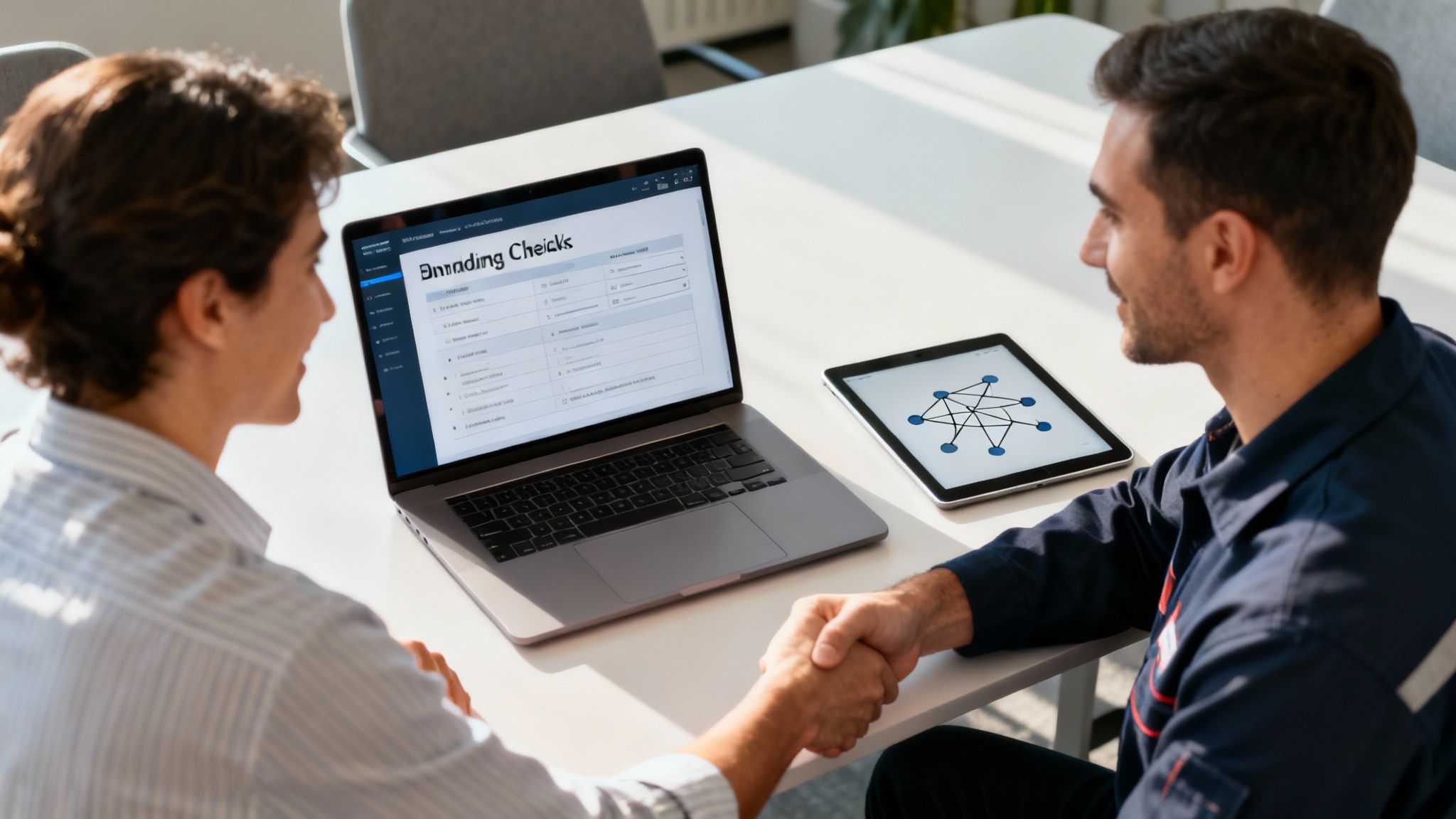 Two business professionals shaking hands over a table with a laptop and tablet, indicating a successful IT support partnership.