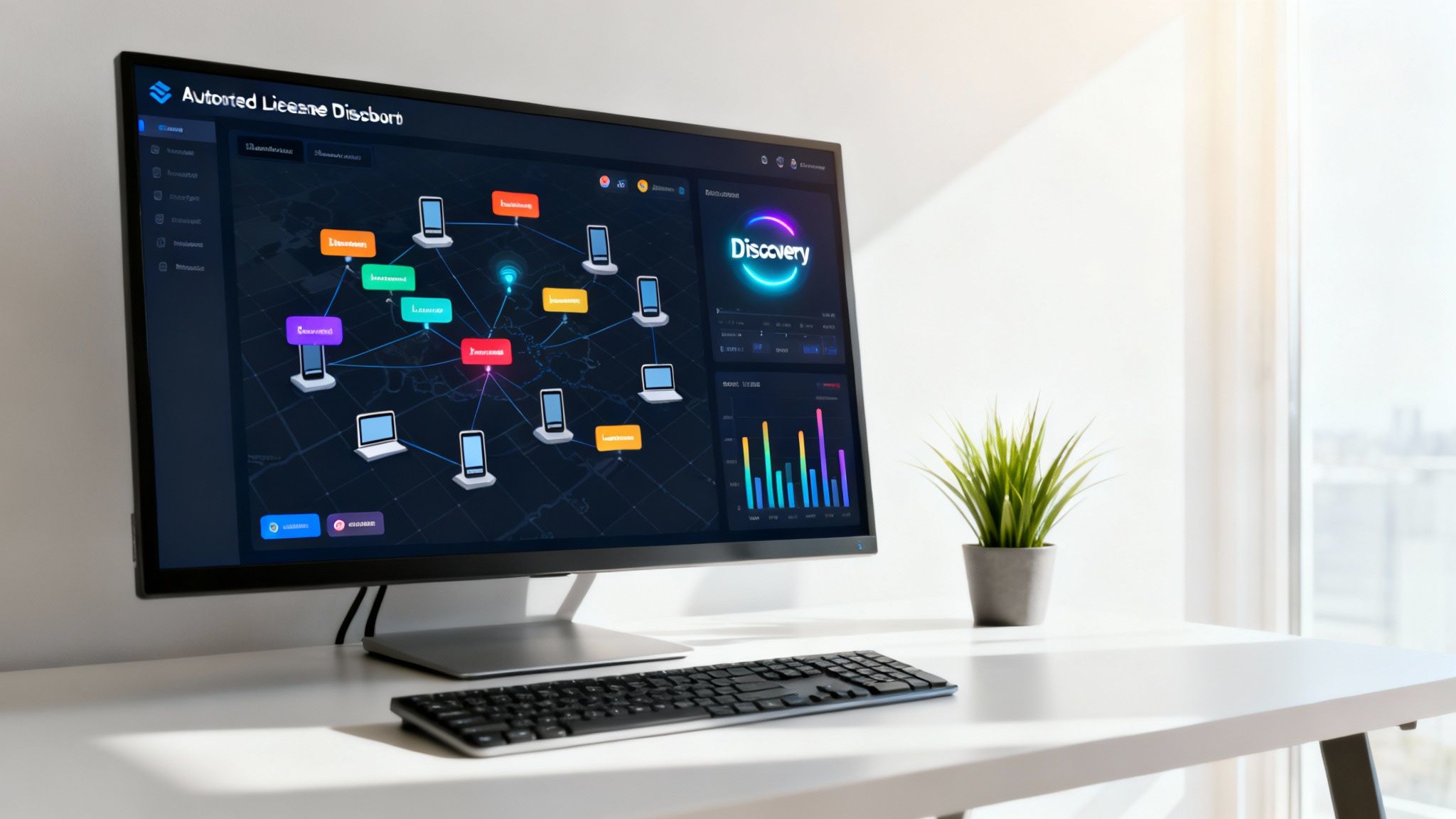 Close-up of a monitor displaying an automated license dashboard with device network and data visualizations.