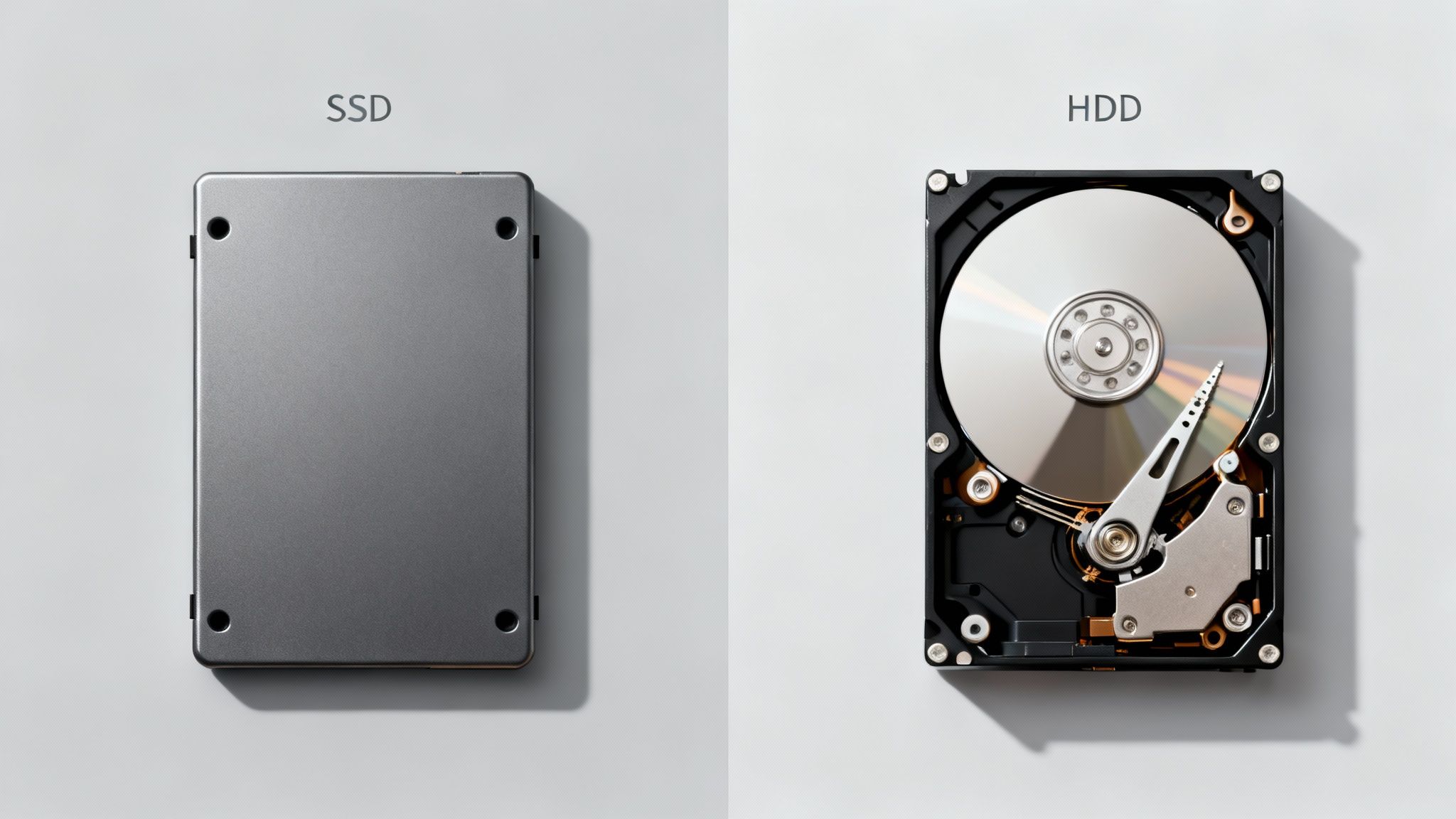 A side-by-side comparison of a Solid State Drive (SSD) and an open Hard Disk Drive (HDD).