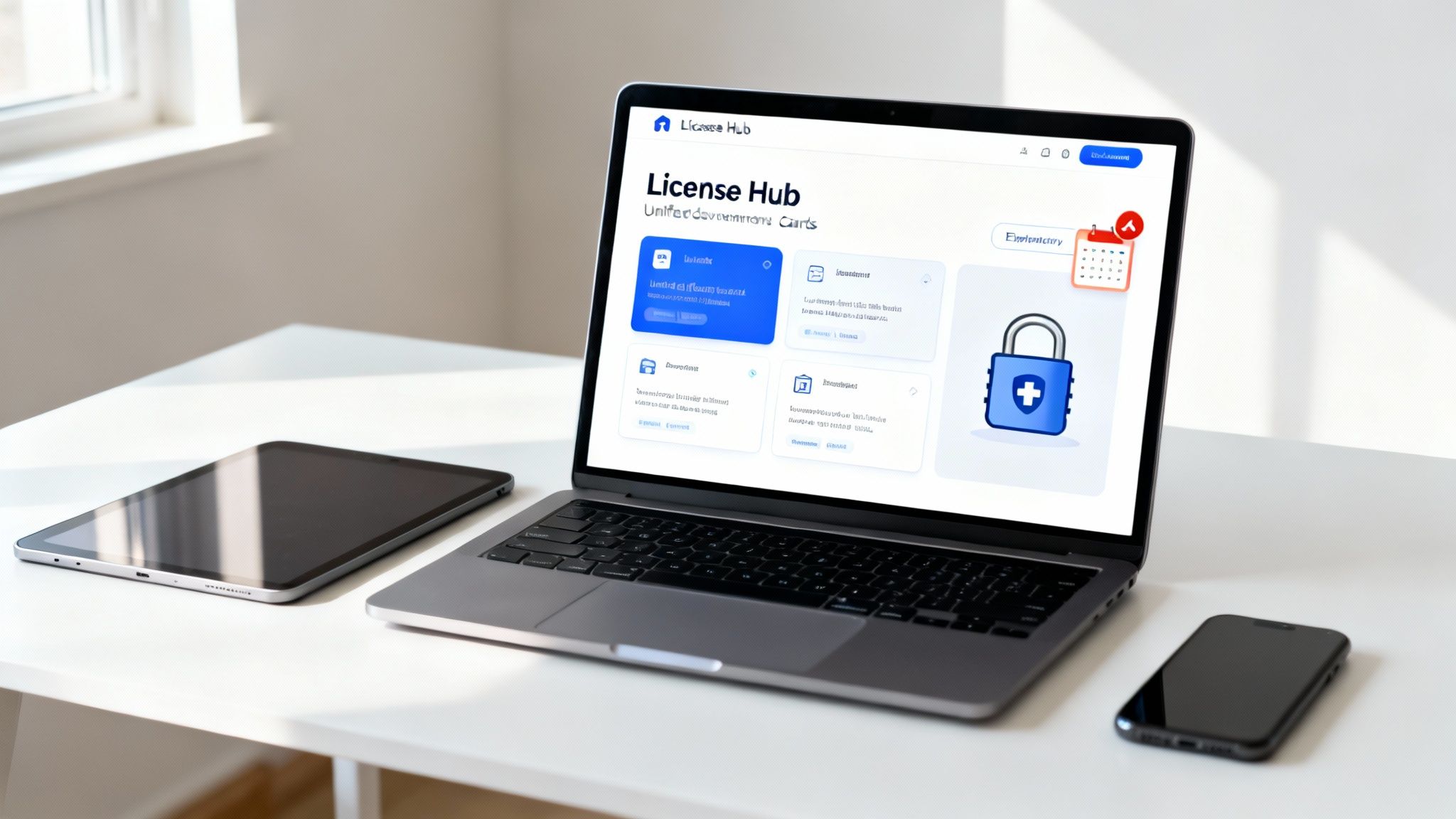 A modern workspace with a laptop displaying a 'License Hub' software, a tablet, and a smartphone on a white desk.