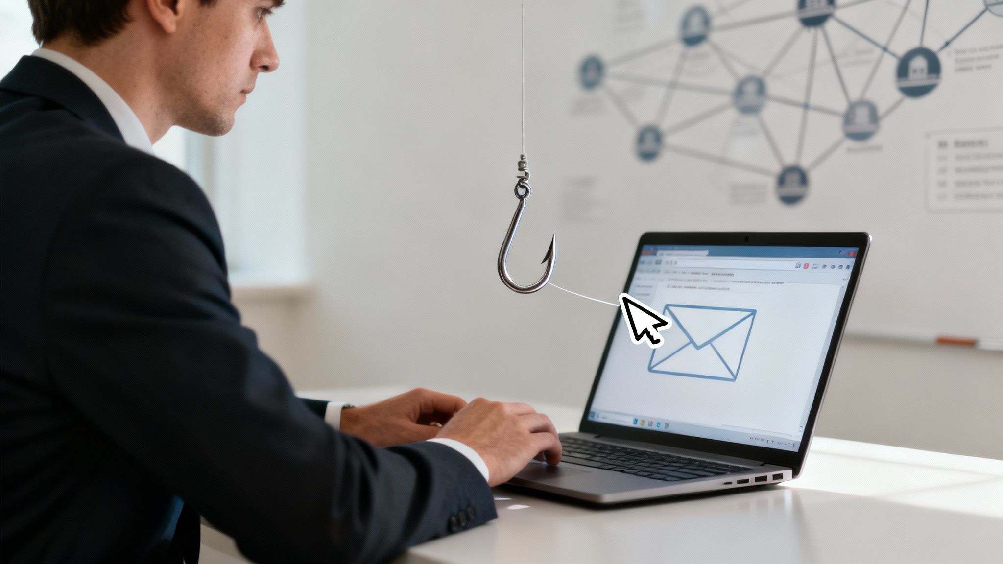 Businessman at laptop with phishing hook targeting email envelope icon illustrating cyber attack