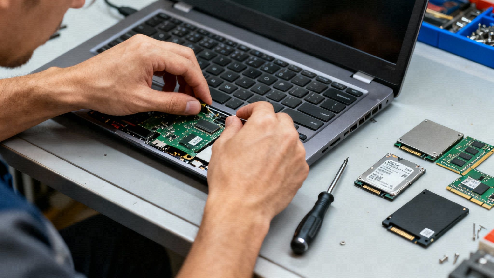 Close-up of a person repairing a laptop's motherboard with tools, surrounded by computer components.