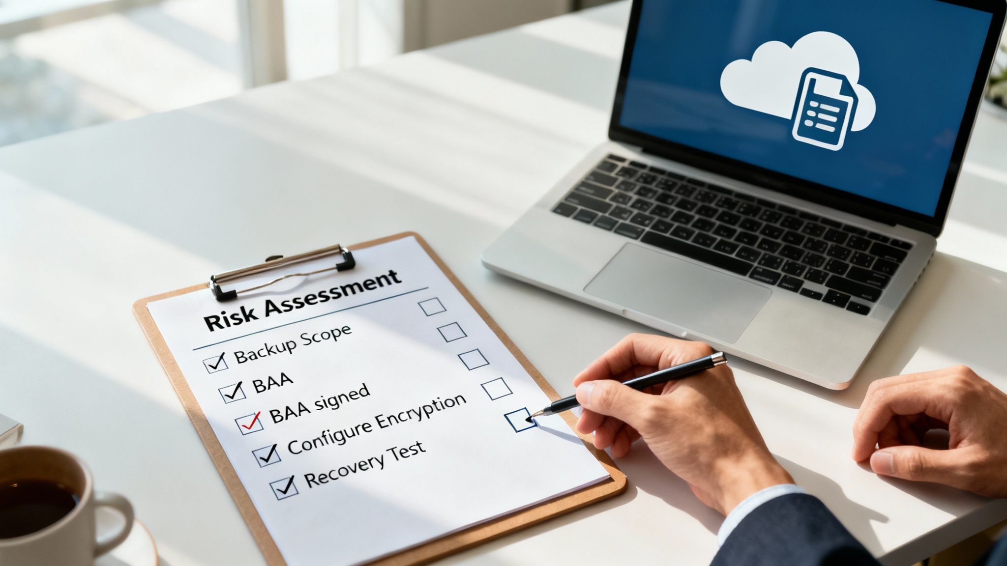 A person checking off items on a digital checklist, symbolizing an action plan for HIPAA compliant data backups.