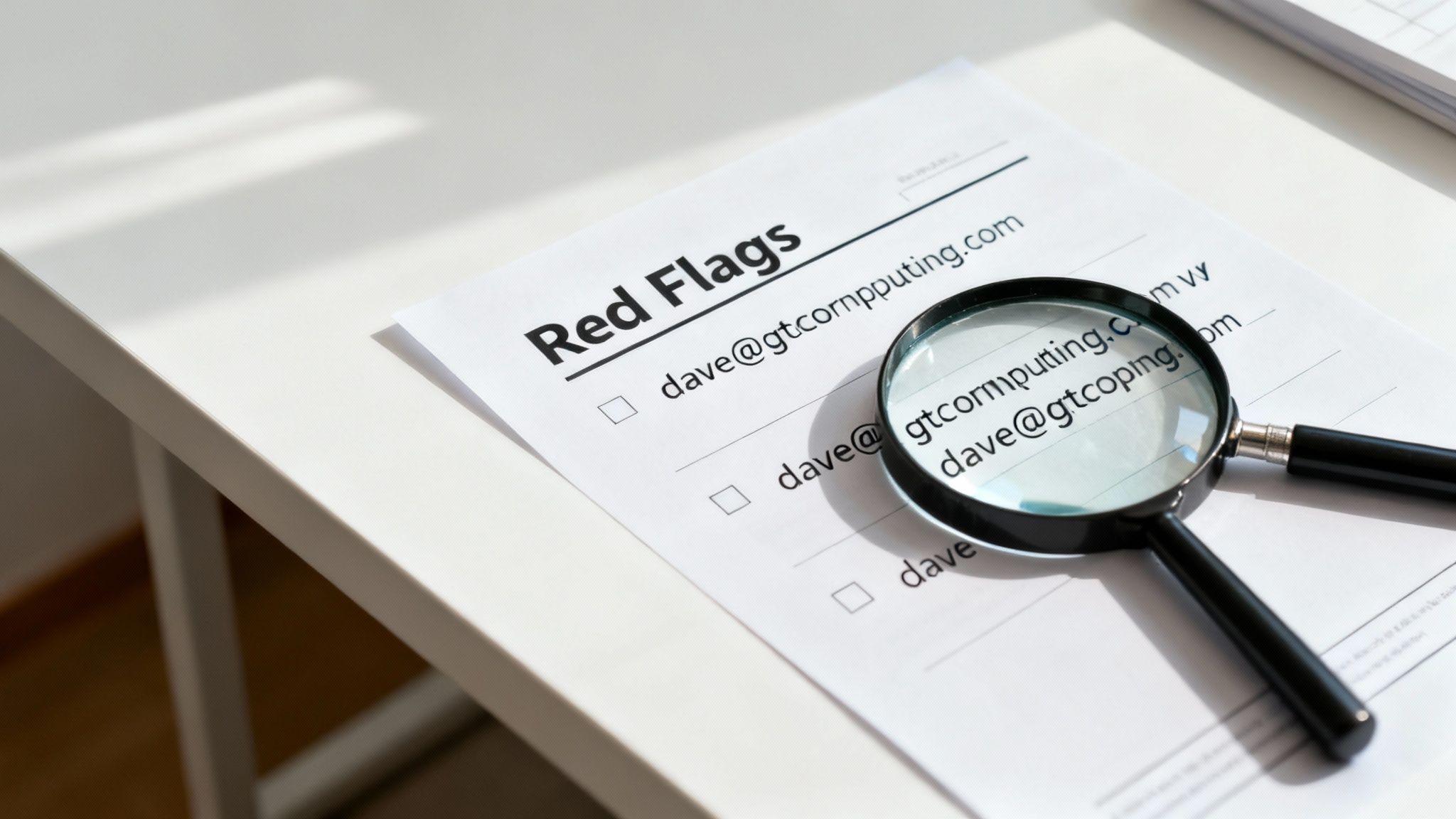 Magnifying glass highlights "Red Flags" and suspicious email addresses on a document, indicating an investigation.