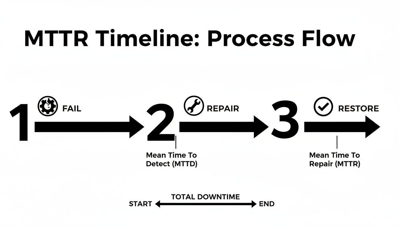 MTTR timeline process flow illustrating fail, detect, repair, and restore stages with total downtime.