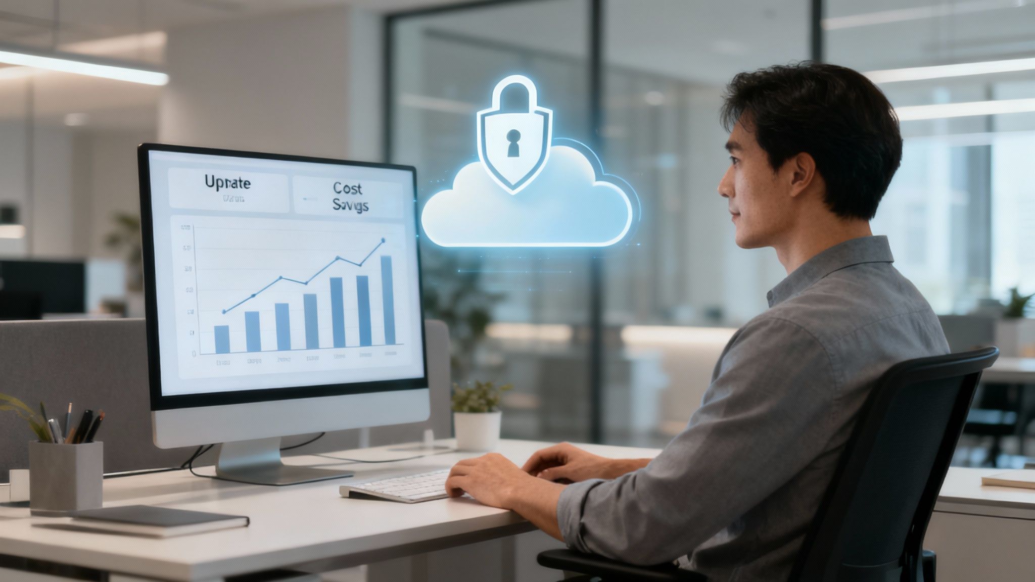 Person working on a laptop with cloud icons symbolizing data backup