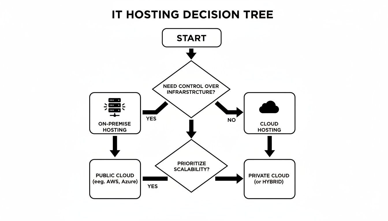 Flowchart guiding IT hosting decisions: on-premise, public, private, or cloud based on infrastructure control and scalability needs.