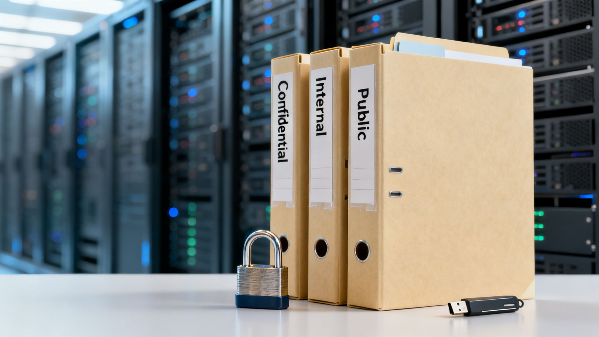 Ring binders labeled Confidential, Internal, Public, with a padlock and USB drive in a data center, symbolizing data security.