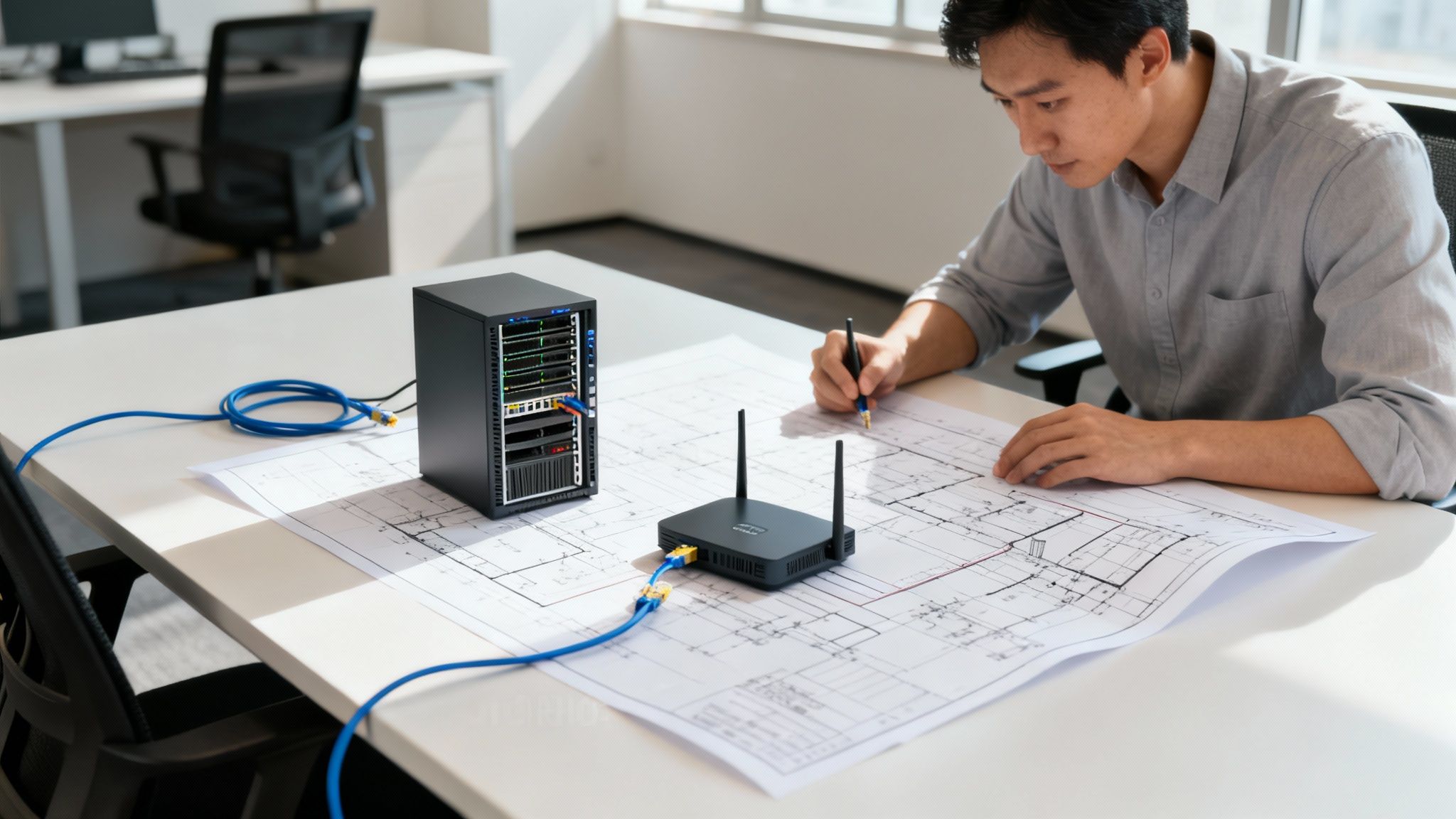Man reviewing blueprints with server, router, and networking equipment on a desk, setting up IT infrastructure.