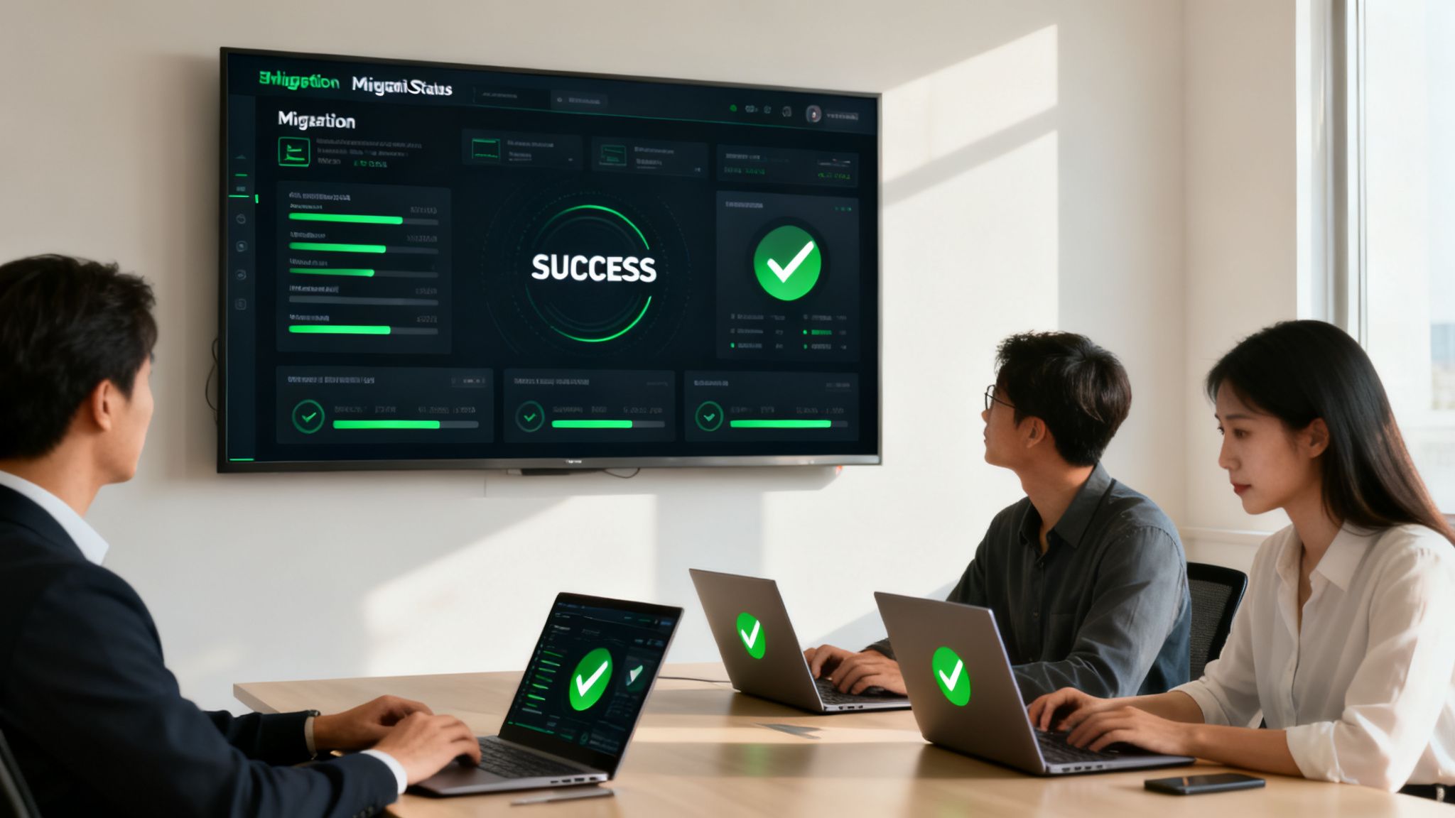 Three colleagues in an office celebrate a successful data migration project shown on screens.