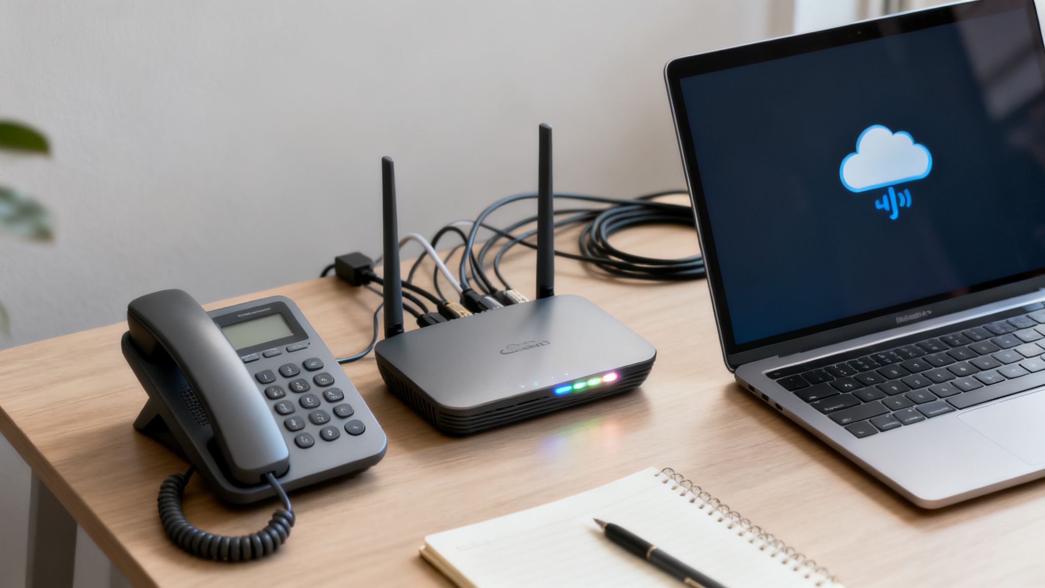 A professional desk setup featuring a black router, a grey IP phone, and a laptop displaying a cloud icon.