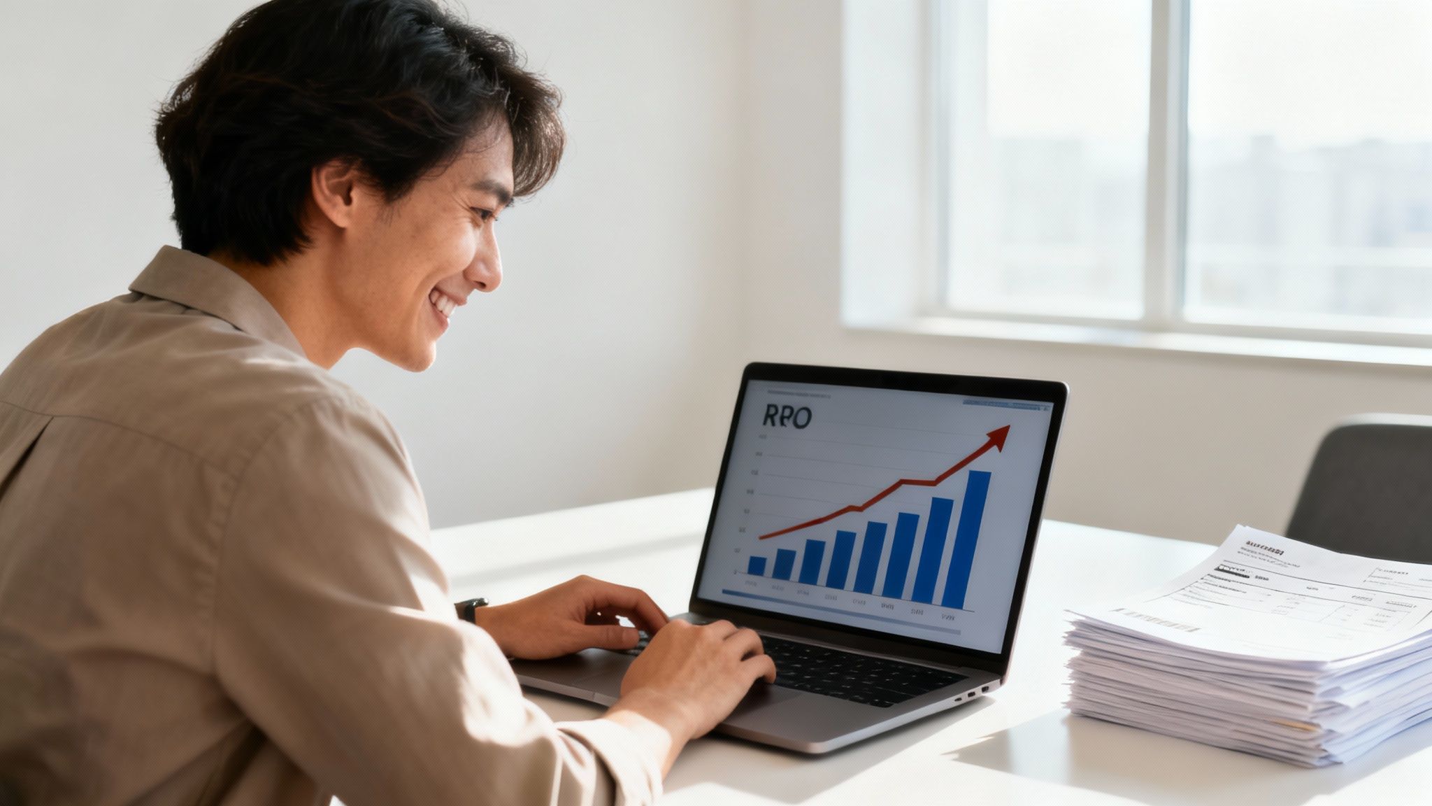 Smiling man working on a laptop in an office, viewing a business growth chart.