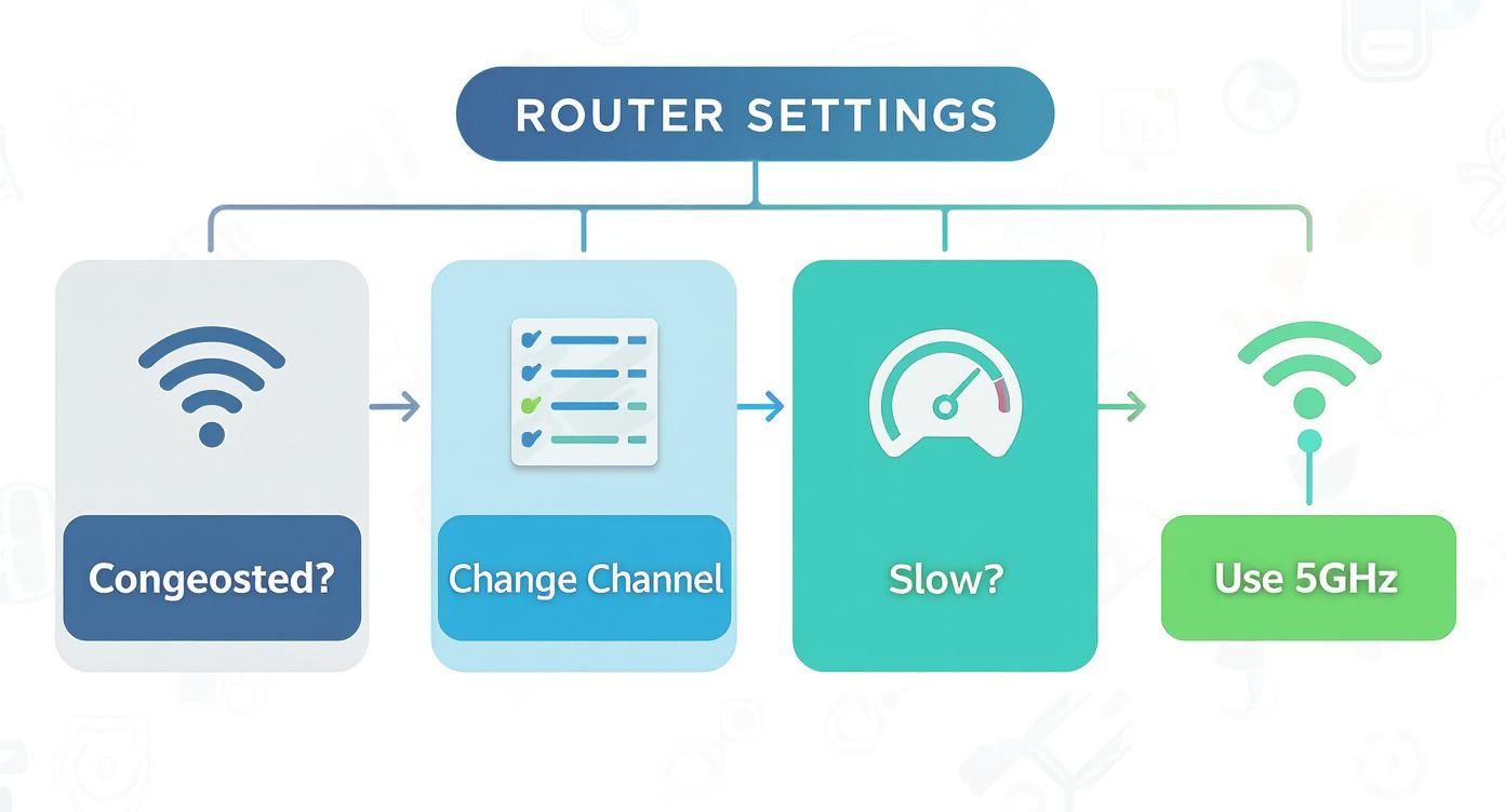 Router settings flowchart showing steps from congestion check to channel change to speed test to 5GHz usage