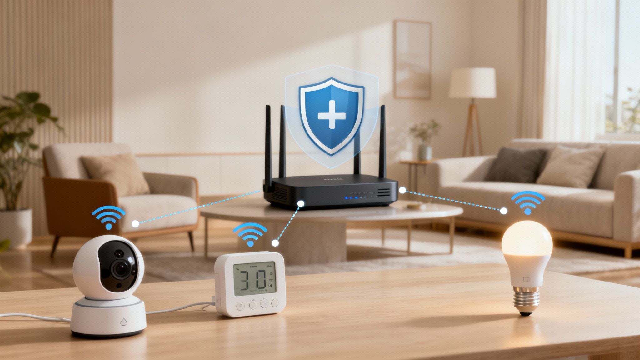 A diagram showing a main network with computers and a separate guest network with IoT devices like a smart TV and thermostat.