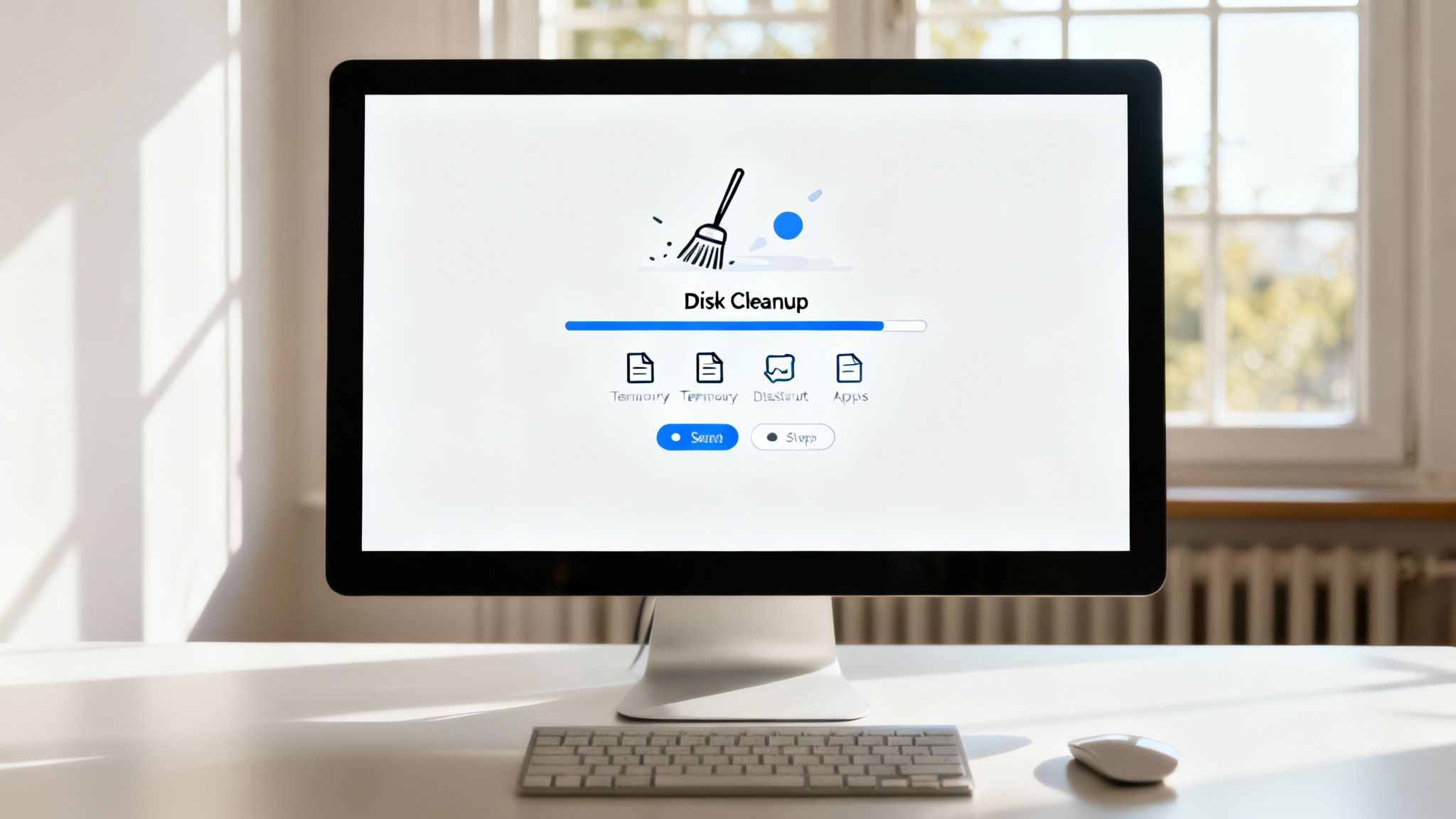 A person using a laptop with software icons overlaid, representing system cleanup and optimization.