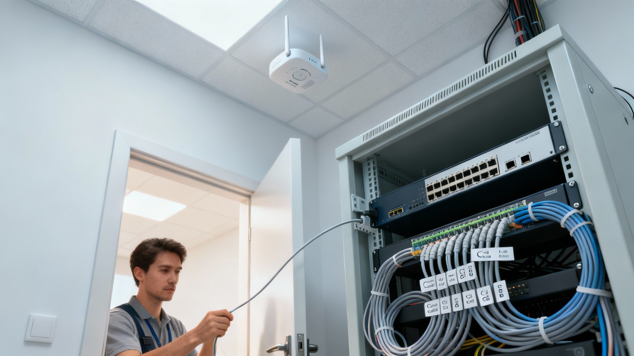 A technician connects a network cable into a server rack for a small business setup.