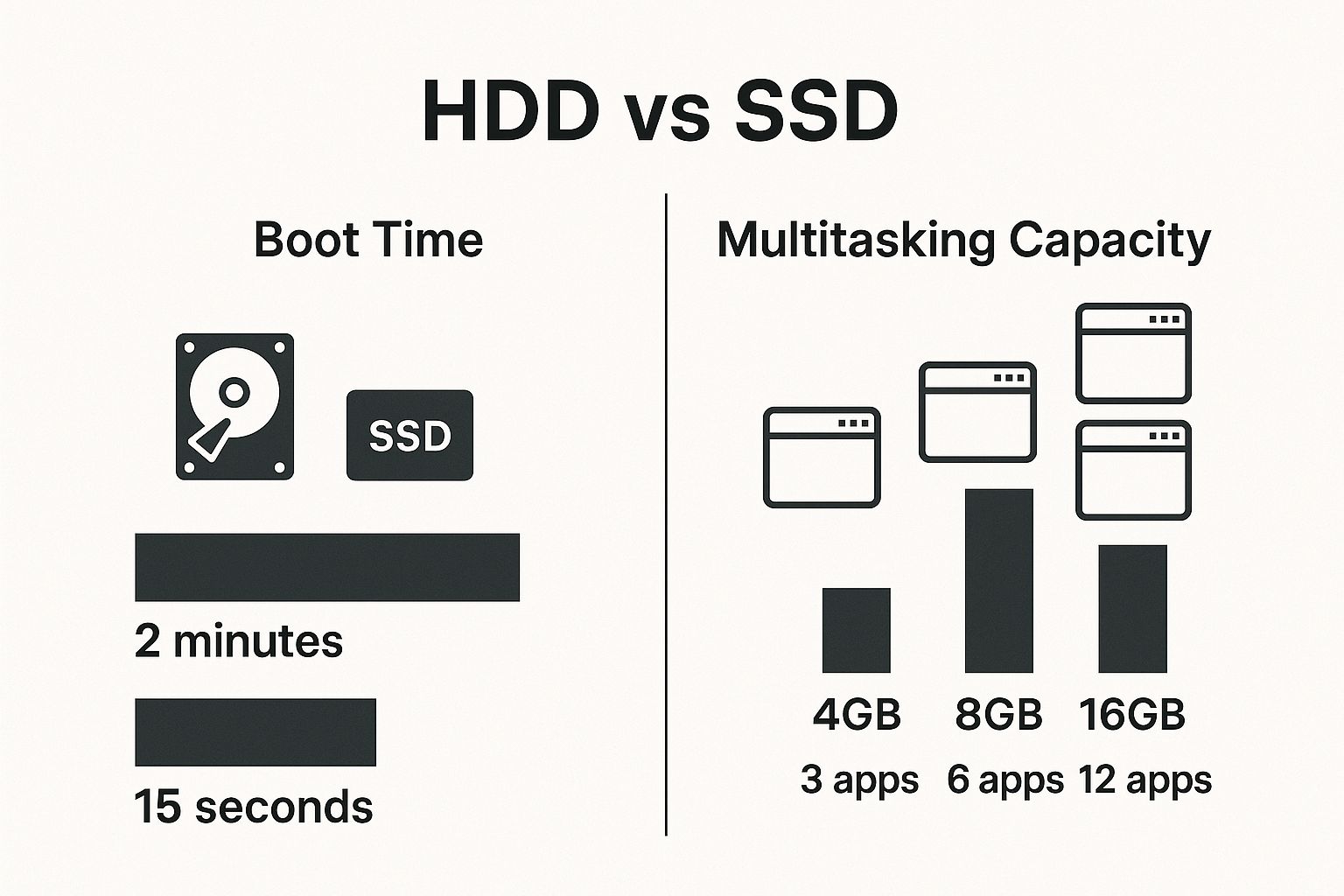 Infographic comparing HDD vs SSD boot times and the effect of RAM on multitasking capacity.