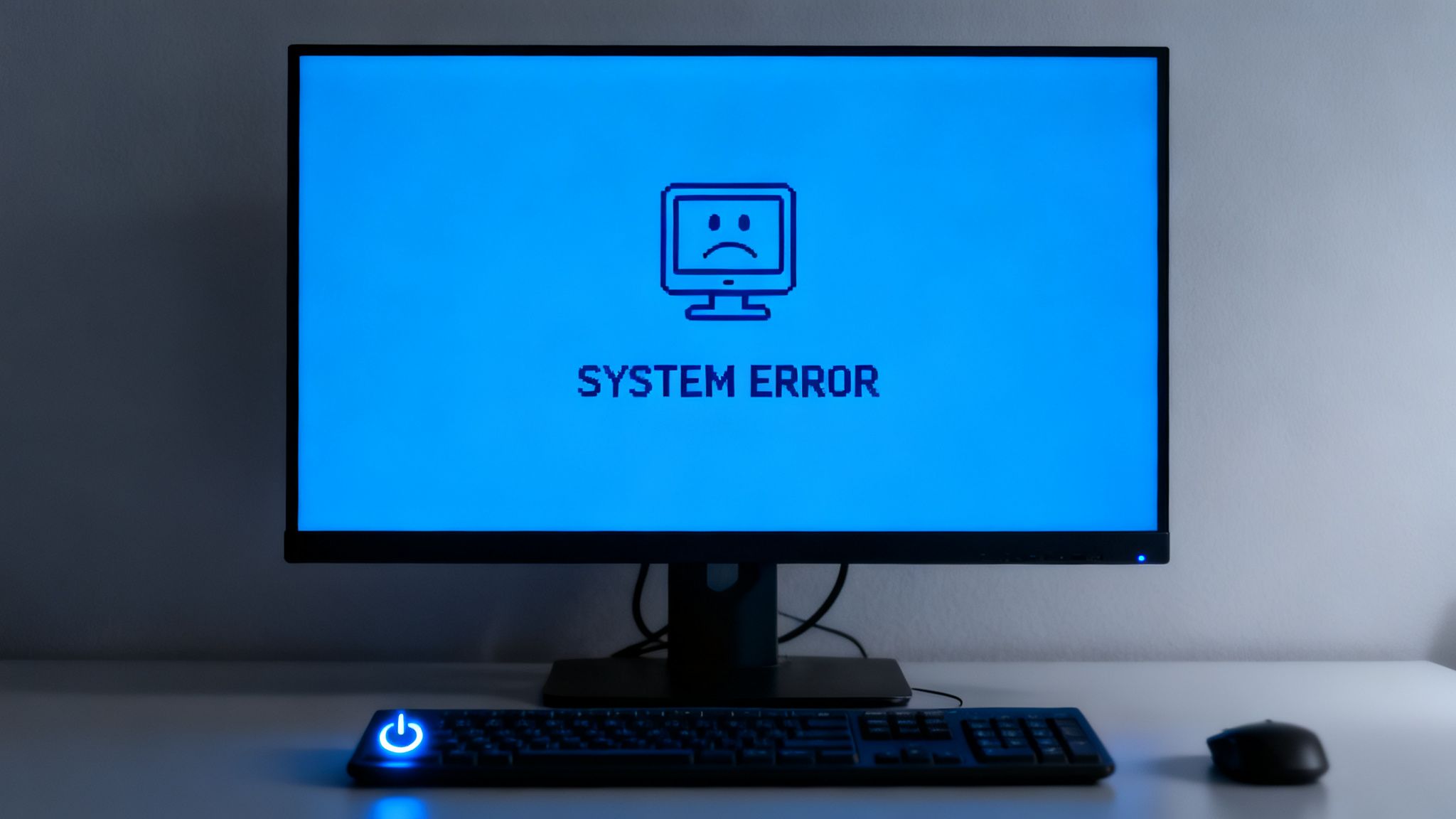 A computer monitor displays a blue screen with a system error message and a sad computer icon.