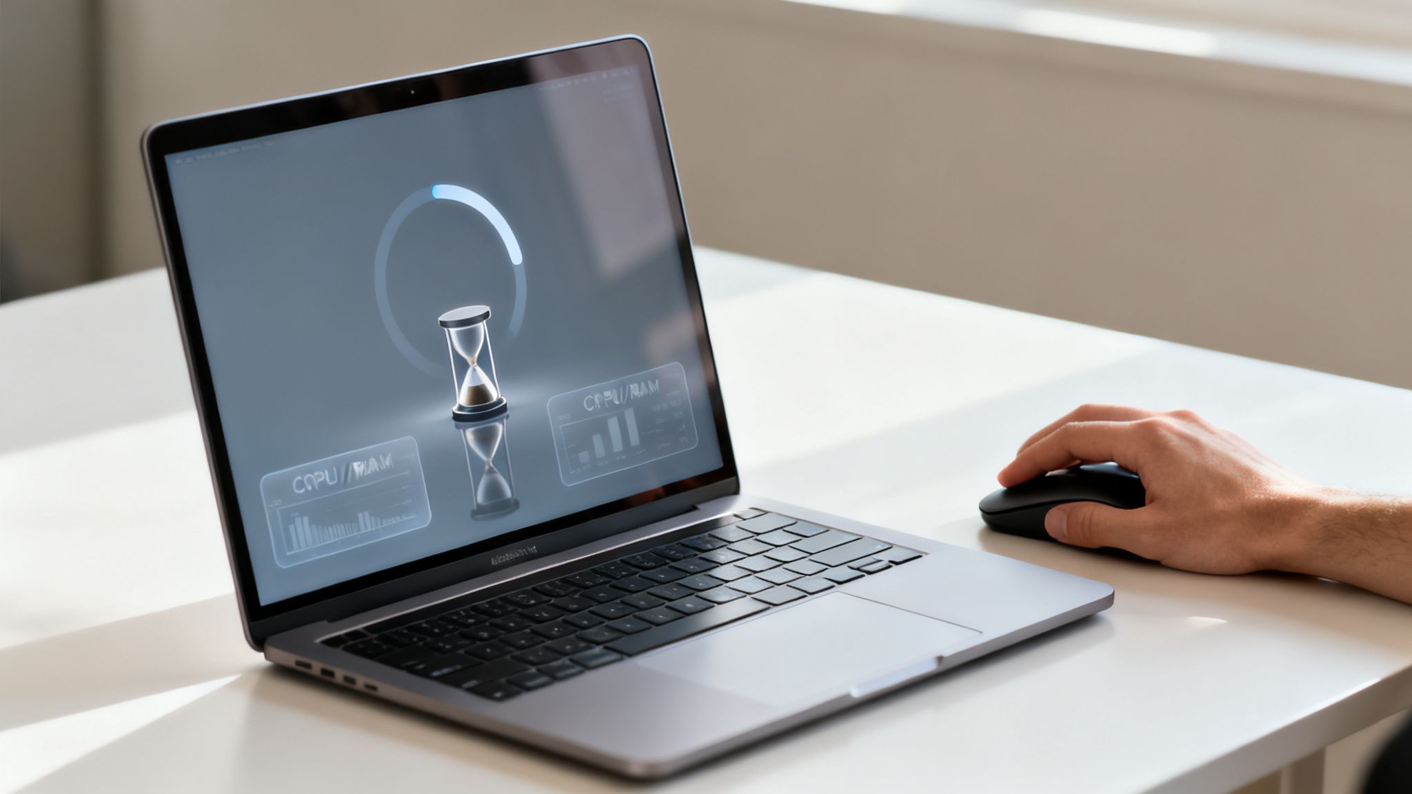 A person's hand using a mouse next to a laptop displaying system performance and an hourglass.
