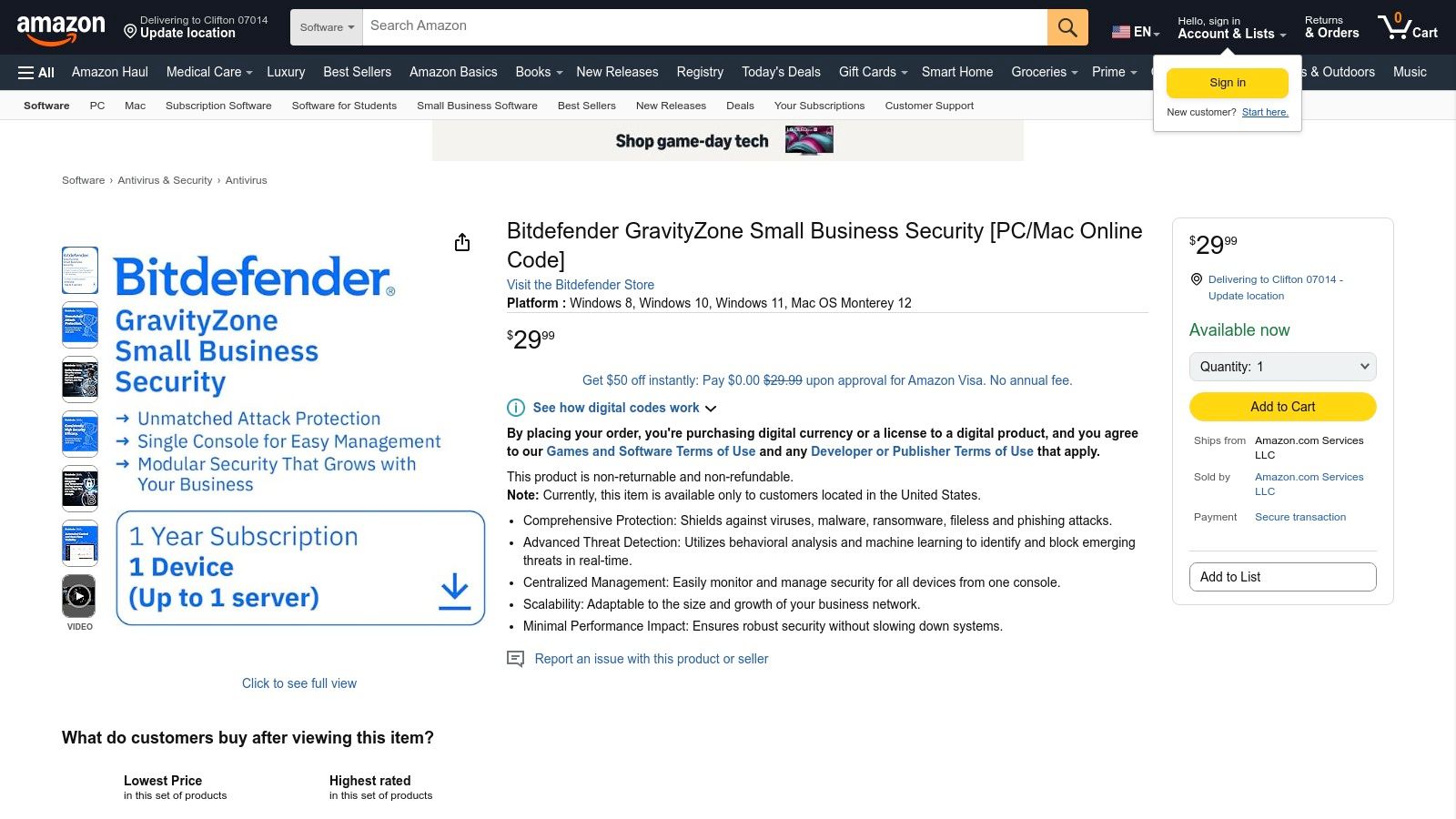 Amazon US Marketplace – Bitdefender GravityZone Small Business Security