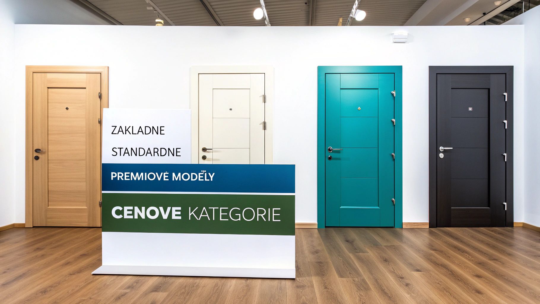 Skupina moderných bezpečnostných dverí v rôznych farbách