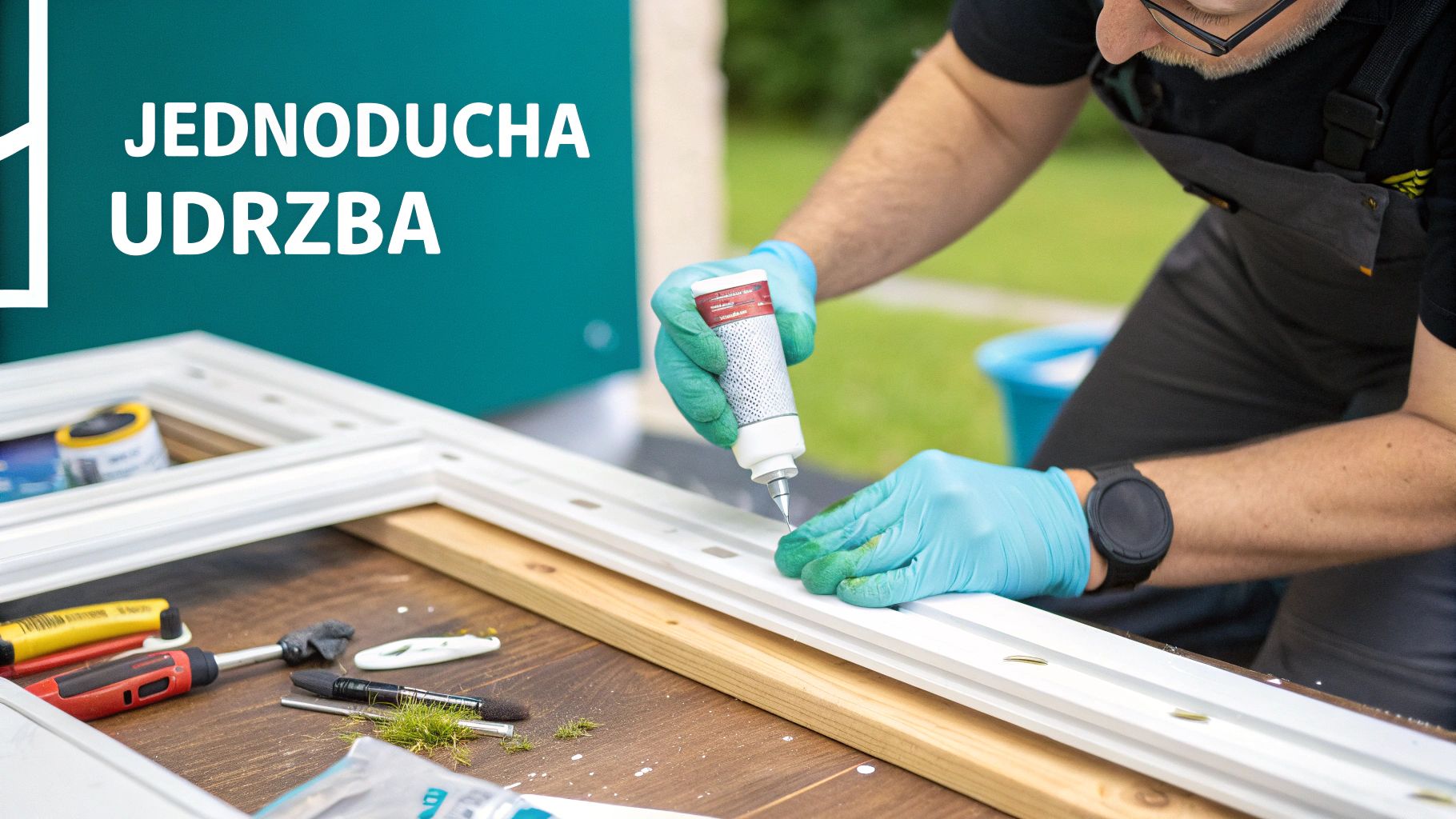 A person lubricating the hinges of a plastic window with a special oil spray.