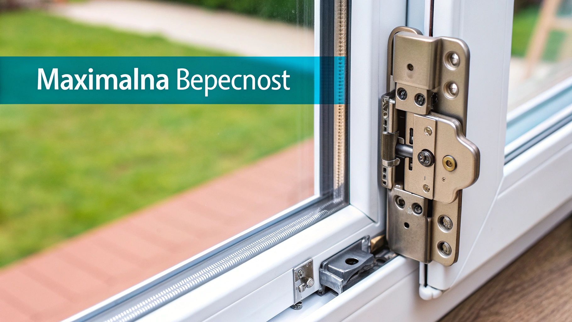 A close-up of a high-security locking mechanism on a white plastic window, showing the mushroom-shaped locking point.