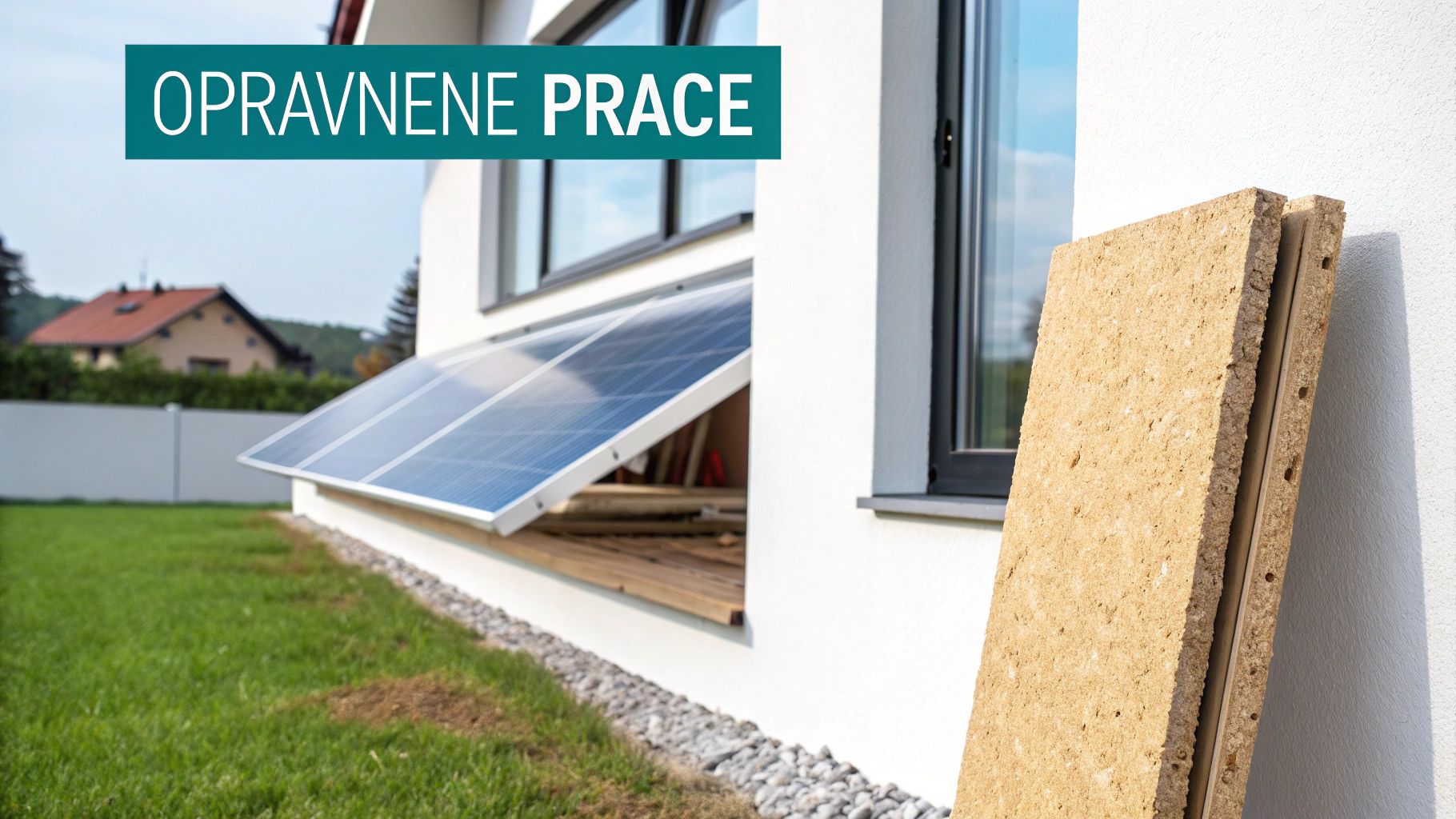 Pohľad na stenu domu s lešením a pripraveným zatepľovacím materiálom