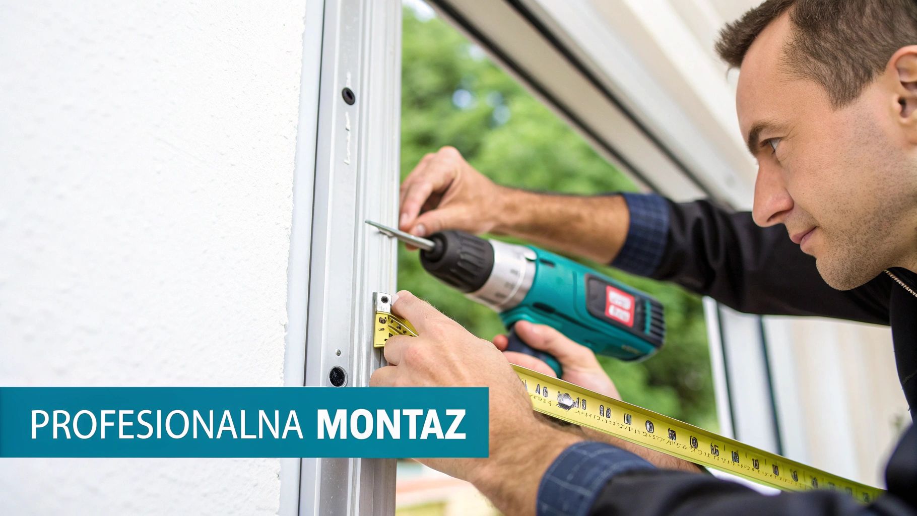 Odborník vykonávajúci montáž hliníkových vchodových dverí.