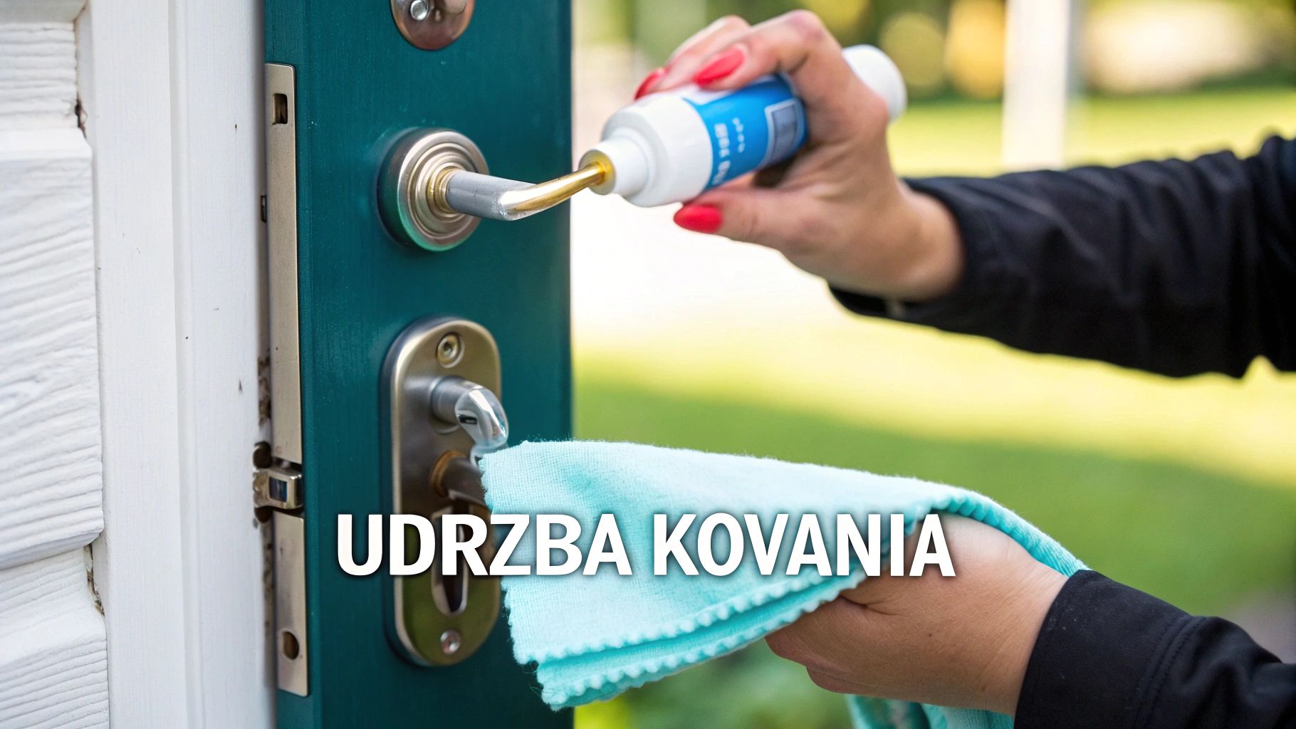 Osoba čistí a maže kovanie na bielych plastových dverách