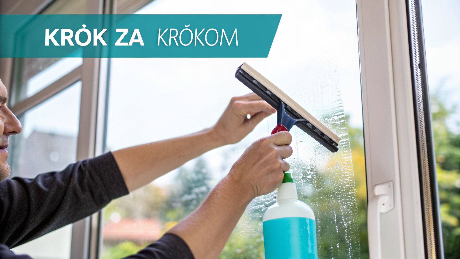 Osoba inštalujúca fóliu na okno pomocou stierky.