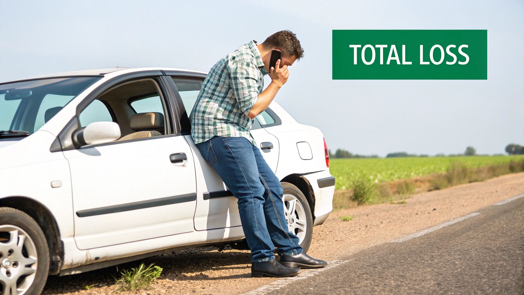 Man on phone beside damaged white car on roadside discussing total loss claim with insurance