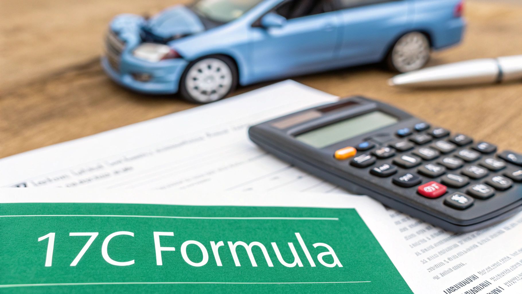 Calculator, pen, and document with '17C Formula' beside a crashed toy car, illustrating insurance claim calculations.