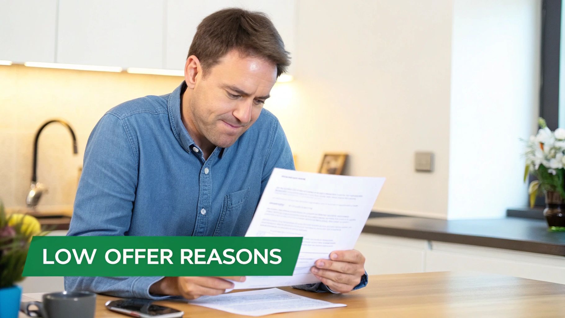 Concerned man in a kitchen reads financial papers about low offer reasons on a wooden table.