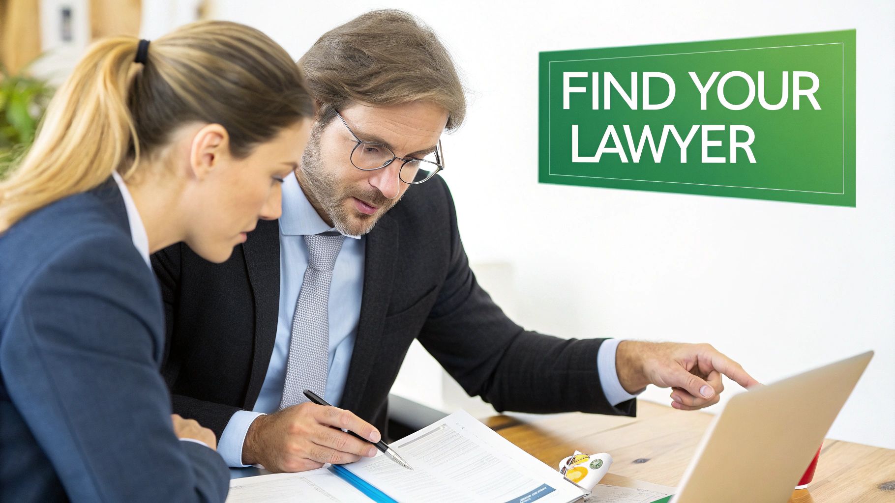 Two lawyers review legal documents and a laptop in an office, with a 'Find Your Lawyer' sign.